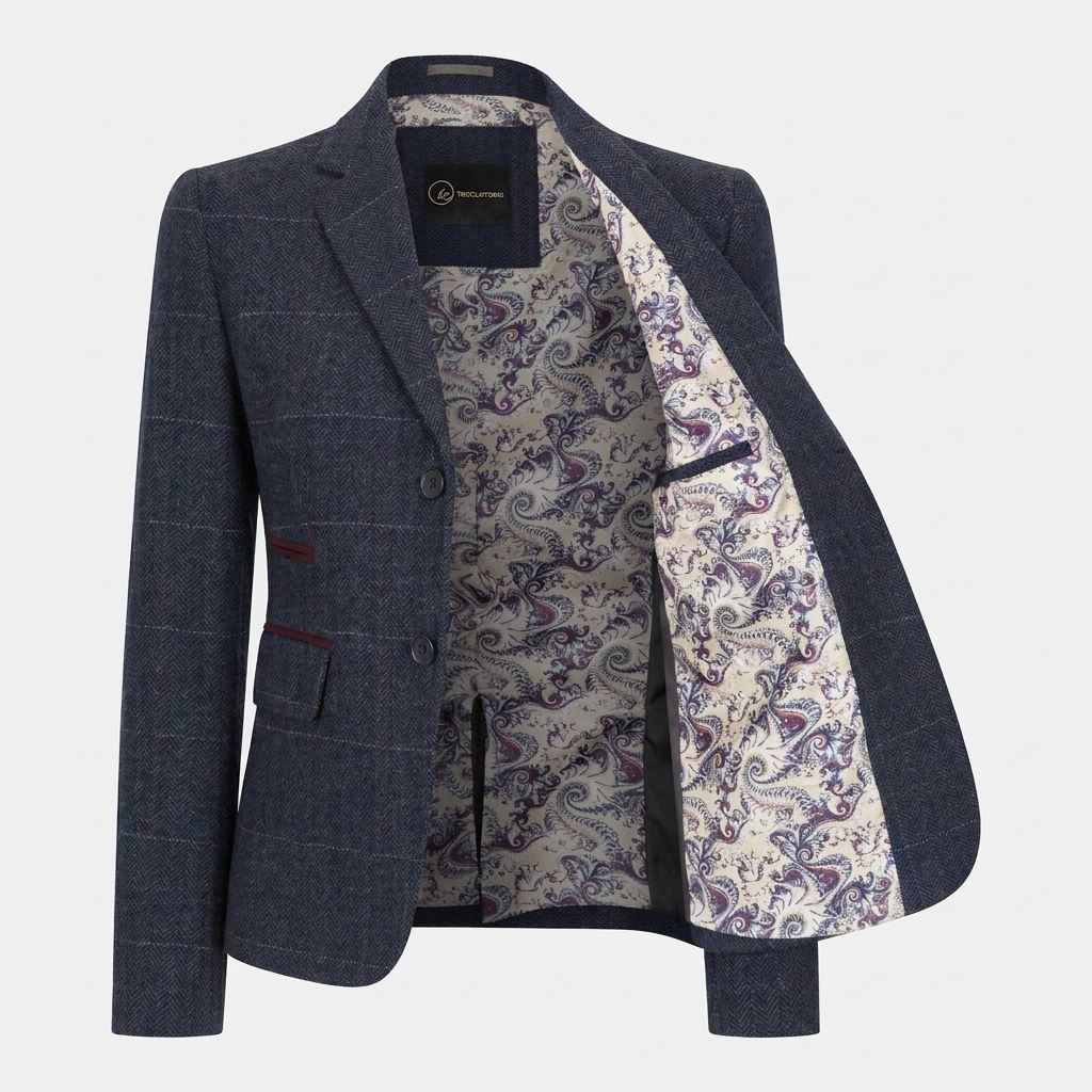 TPW-32 - Women's Navy Wool Blend Tweed Blazer Waistcoat