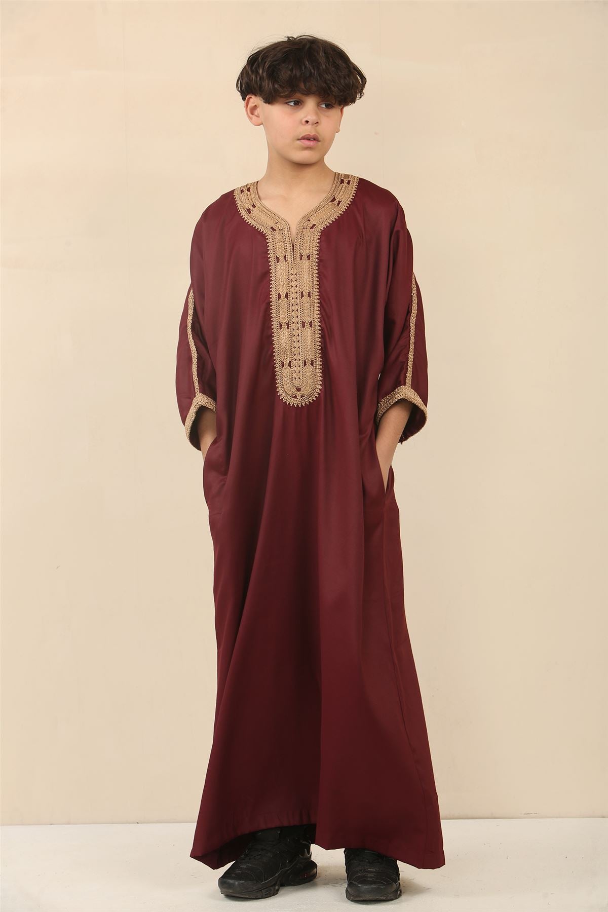 Boys Marron Moroccan Thobe Short Sleeve Gandoura Gold Embroidery Kaftan