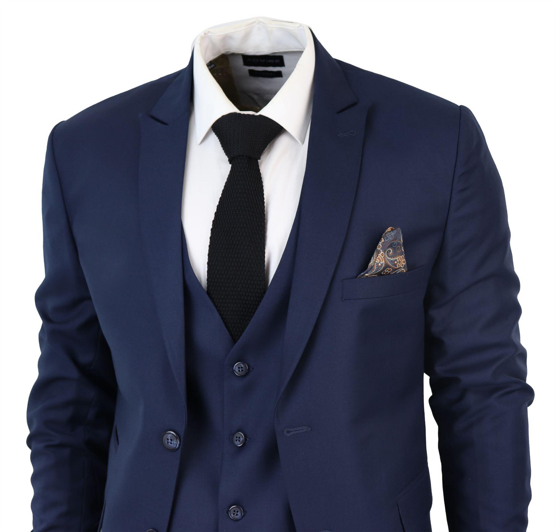 Men's Classic Navy Blue Suit 3 Piece Tailored Fit Vintage Office Wedding Prom - Knighthood Store