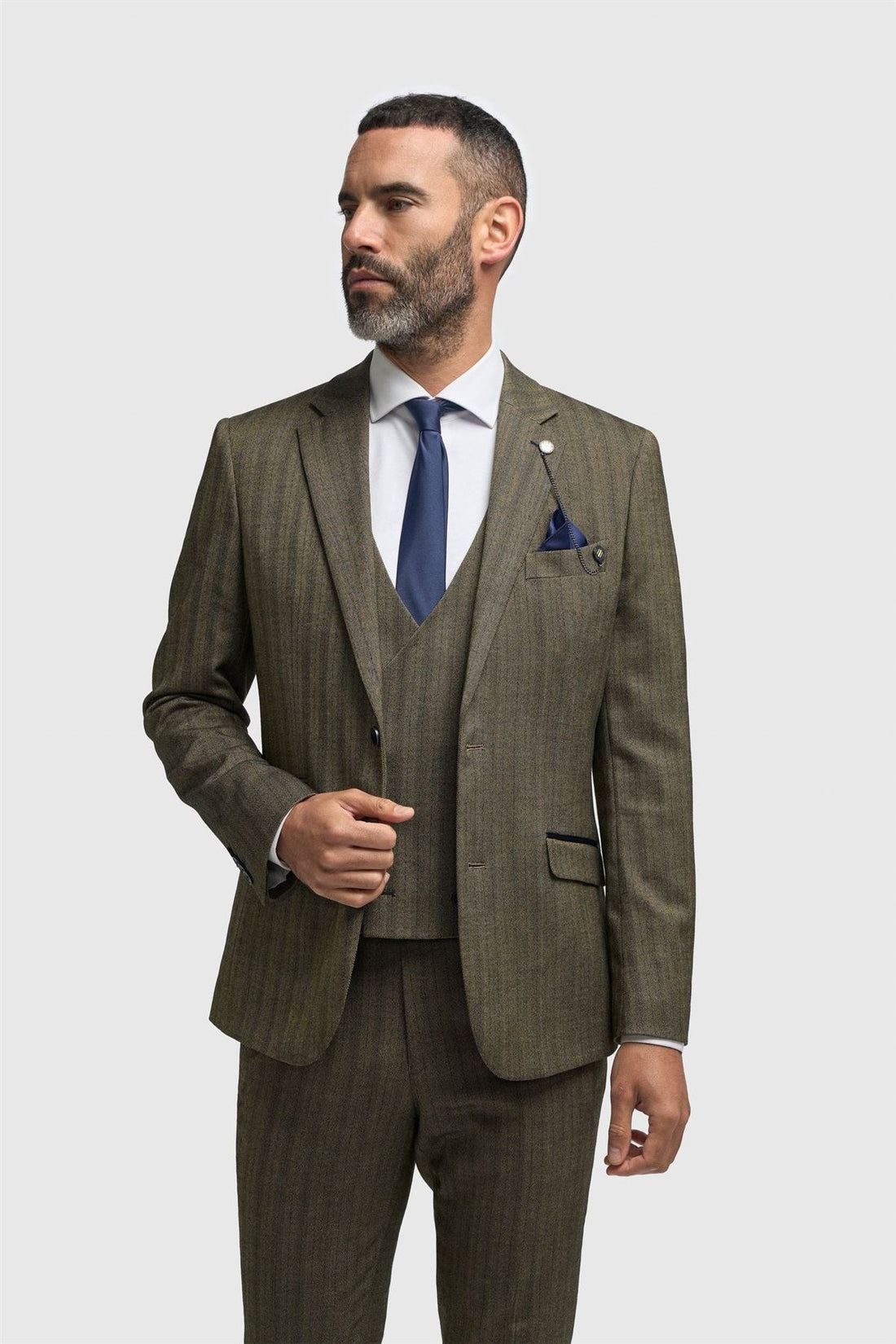 Damon - Men's Olive Green 3 Piece Herringbone Tweed Suit