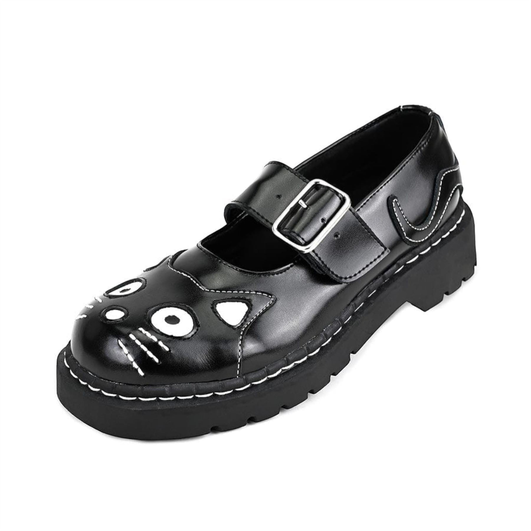 Women's Mary Jane Kitty Black Leather Platform Goth Shoes