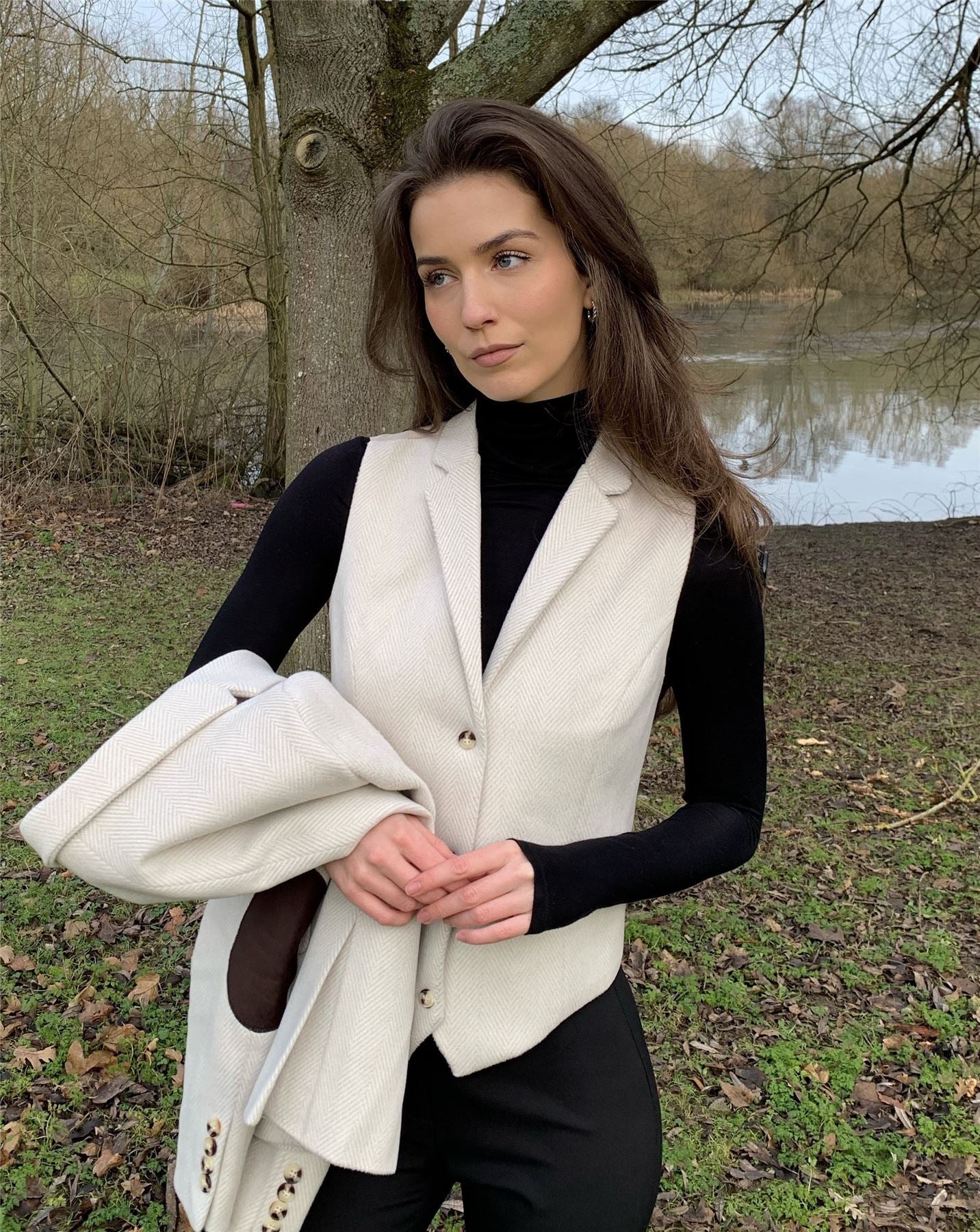 Women's Cream Wool Blend Tweed Blazer Waistcoat