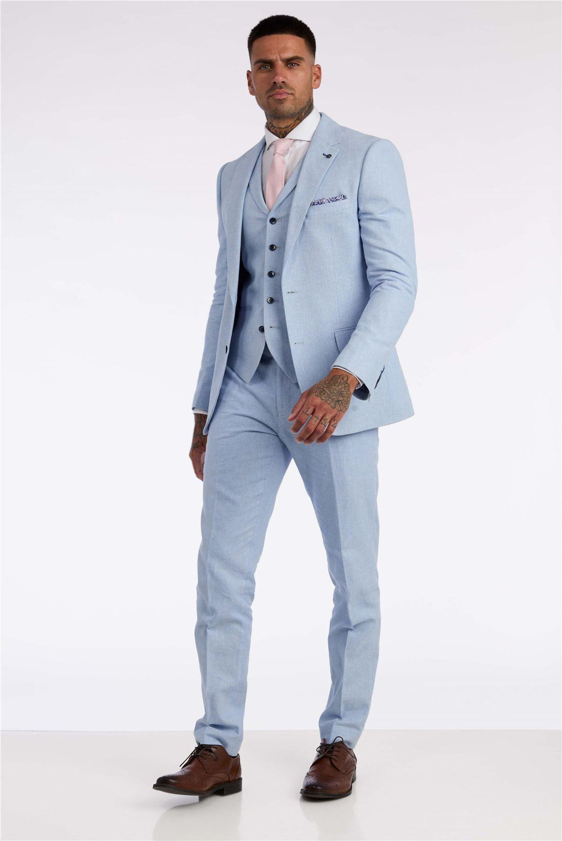 Mens 3 Piece Linen Suit Summer Breathable Wedding Cotton Baby Blue Light - Knighthood Store