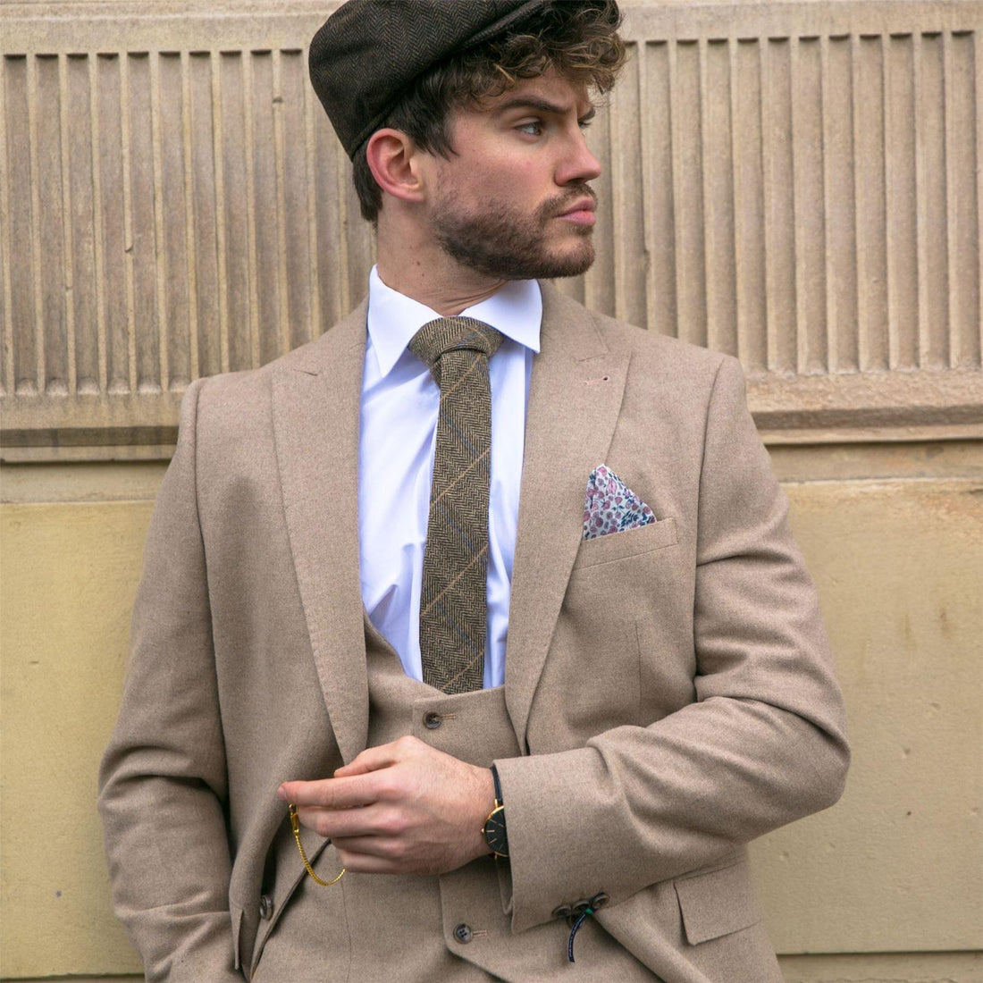Men Tweed 3 Piece Suit Tan Oak Double Breasted Tailored Fit Wedding - Knighthood Store