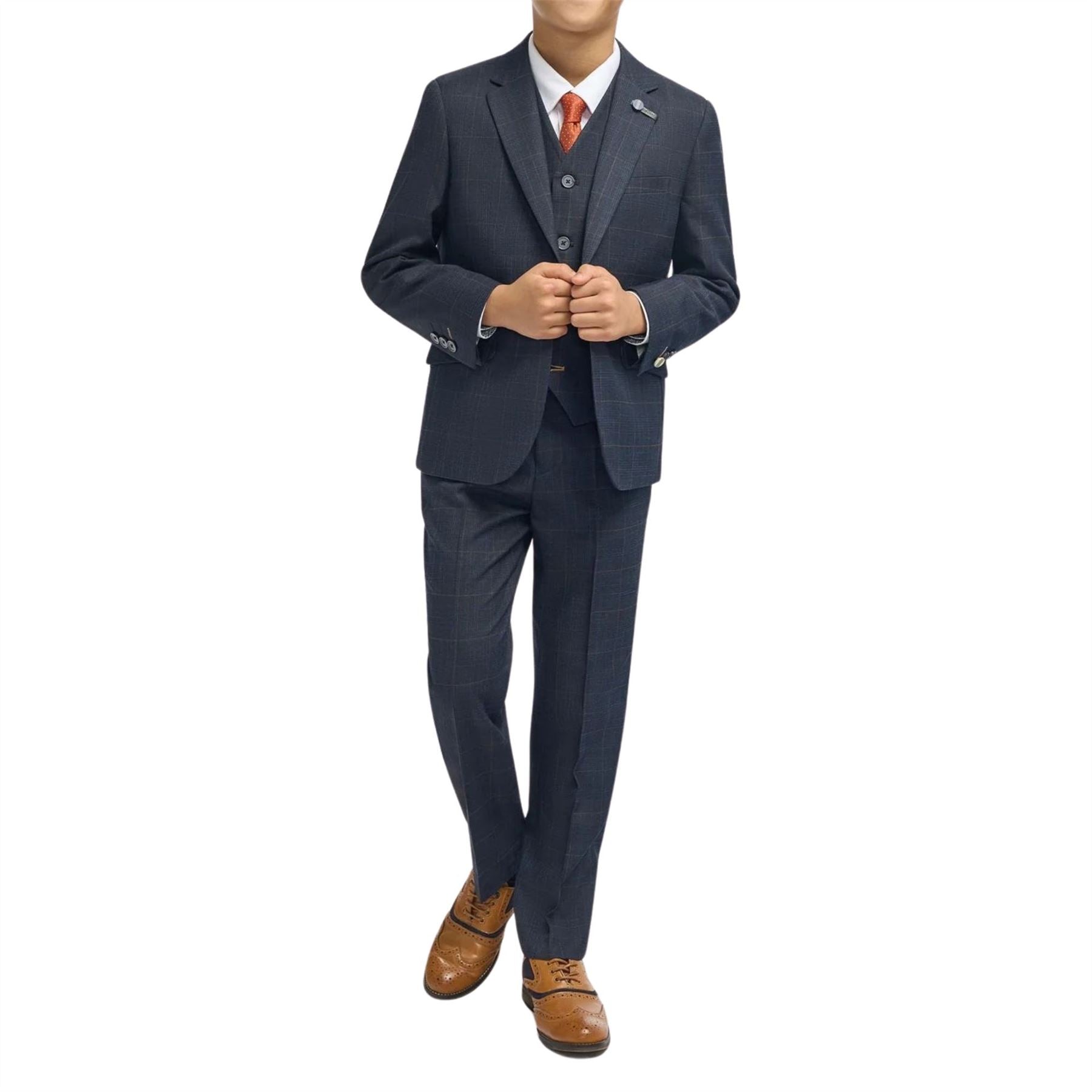 Boys Suit 3 Piece Tailored Fit Navy Check Formal Outfit