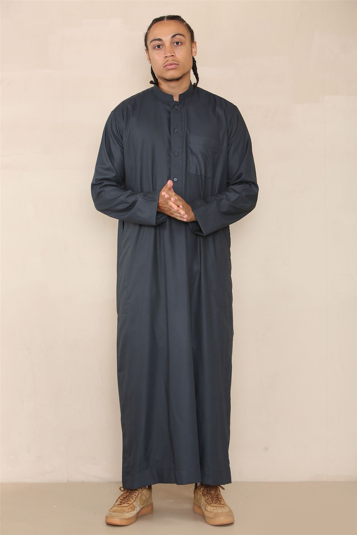 Mens Thobe Jubba Nehru Stand Collar Islamic Clothing Muslim Cotton Kaftan Dress Robe Saudi