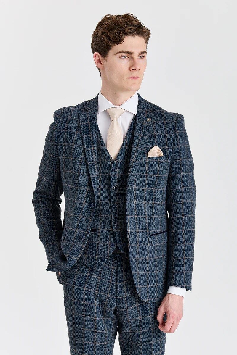 Harris - Men's Navy 3 Piece Wool Blend Tweed Suit