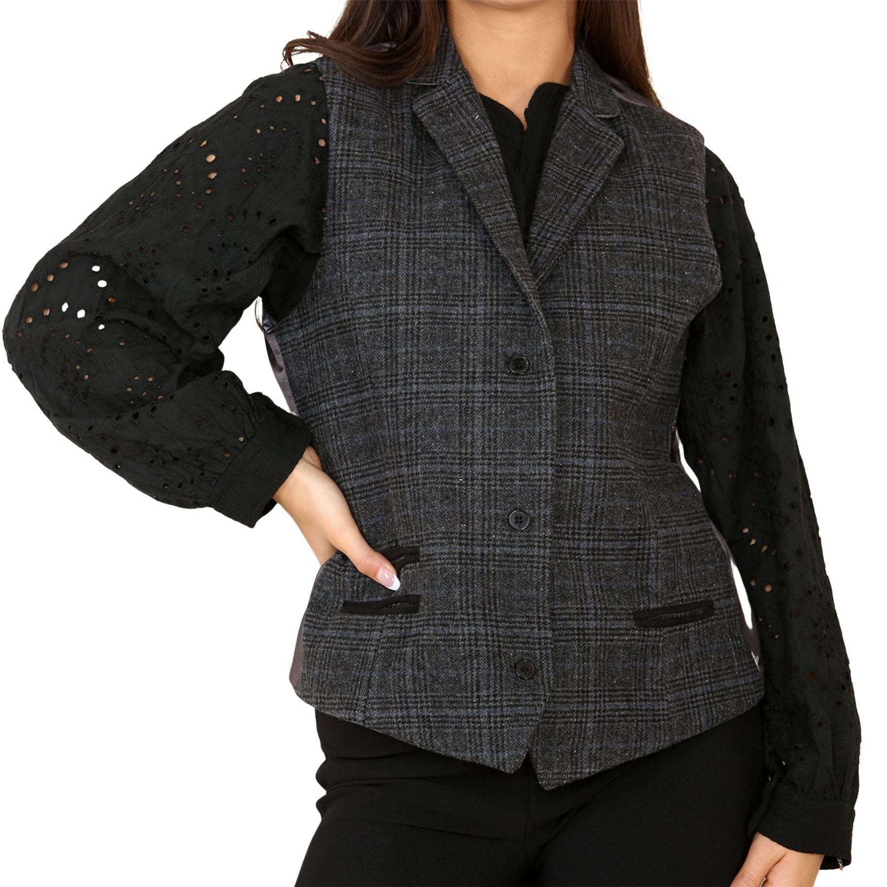 Womens Tweed Check Waistcoat Blazer Suit Grey Classic Vintage Elboy Patch 1920s - Knighthood Store