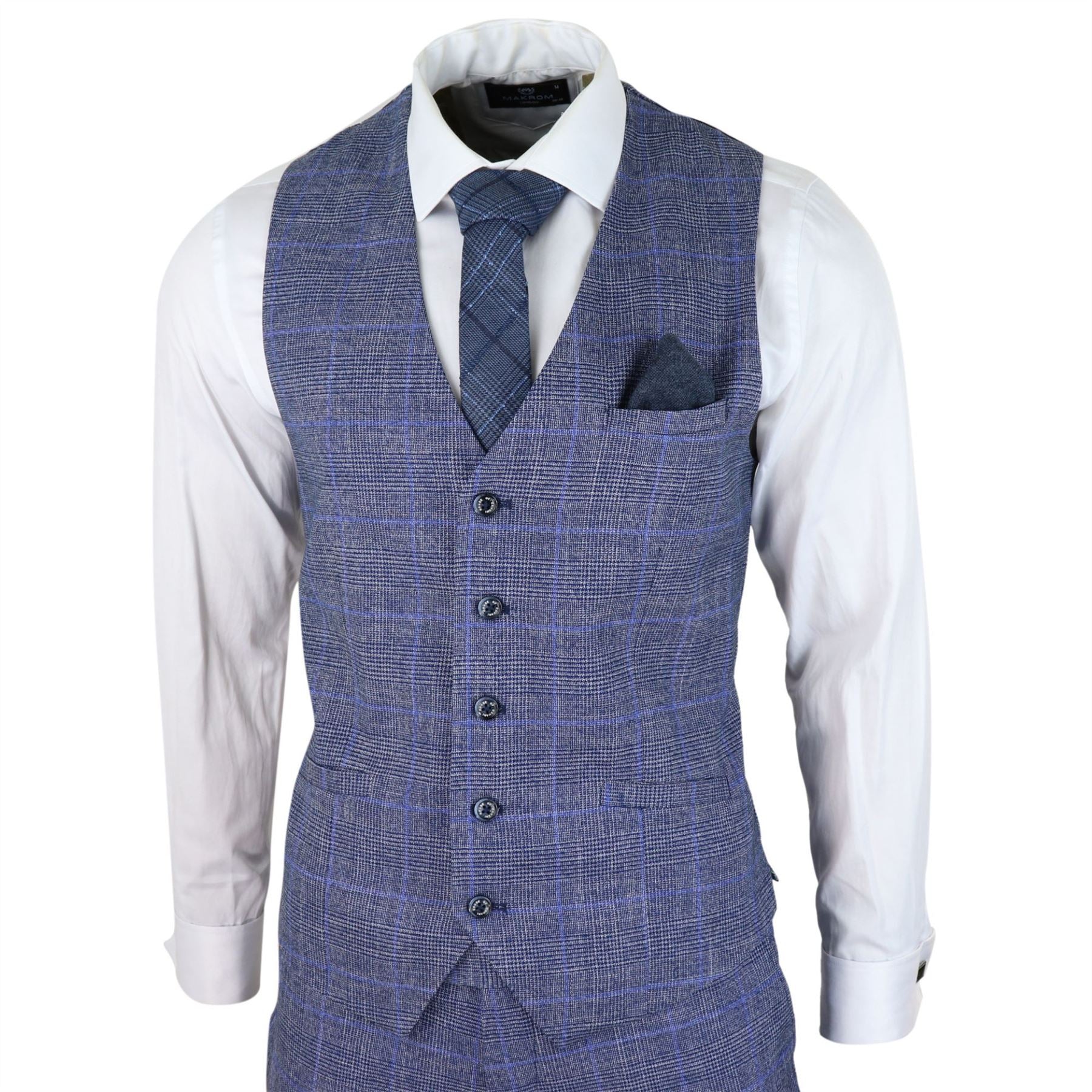 Mens 3 Piece Suit Blue Prince Of Wales Check Tailored Fit Summer Classic Vintage