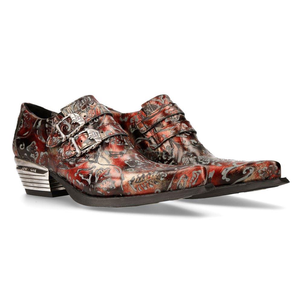 New Rock 7960-S5 Black Vintage Red Flower Leather Western Steel Paisley Shoes - Knighthood Store