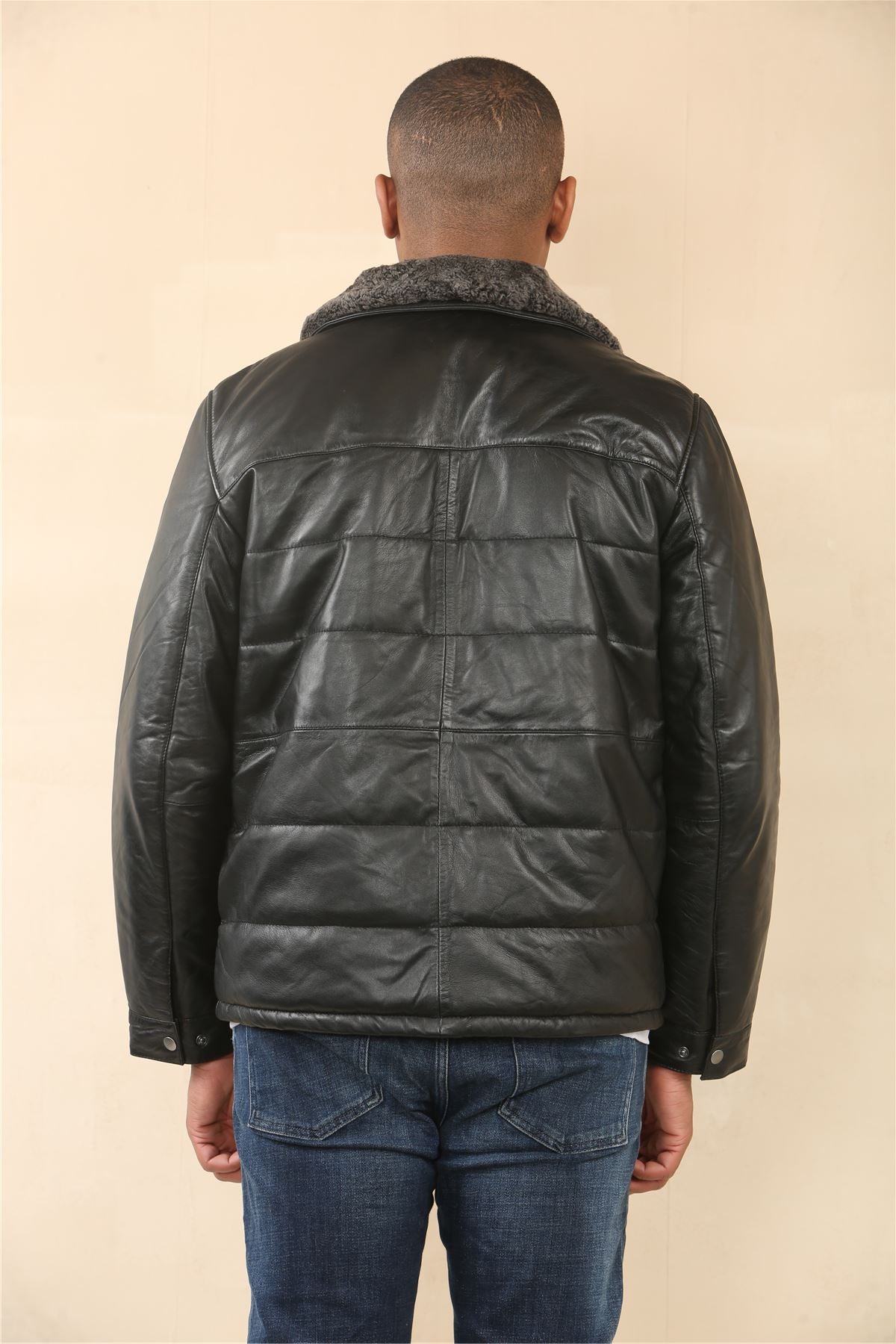 Men's Quilted Faux Fur Collar Leather Jacket