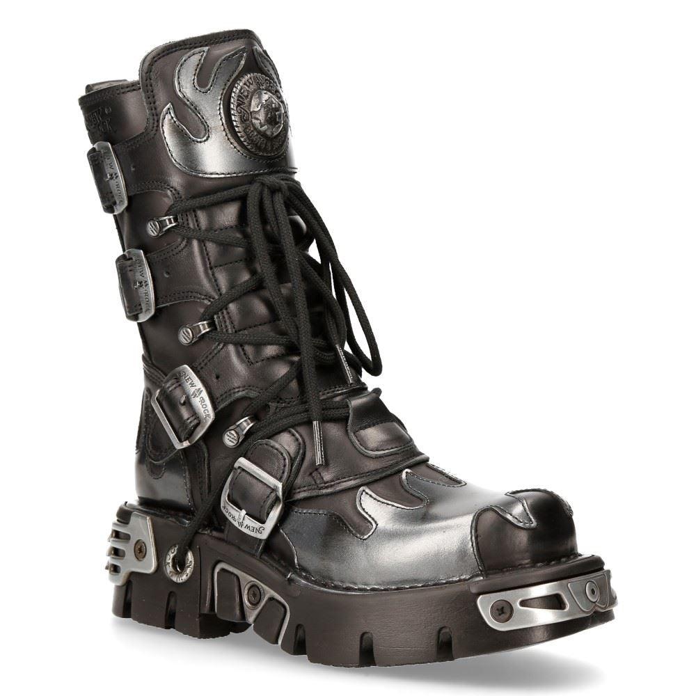 New Rock New Rock 591-S2 Silver Flame Metal Black Leather Emo Punk Goth Boots - Knighthood Store