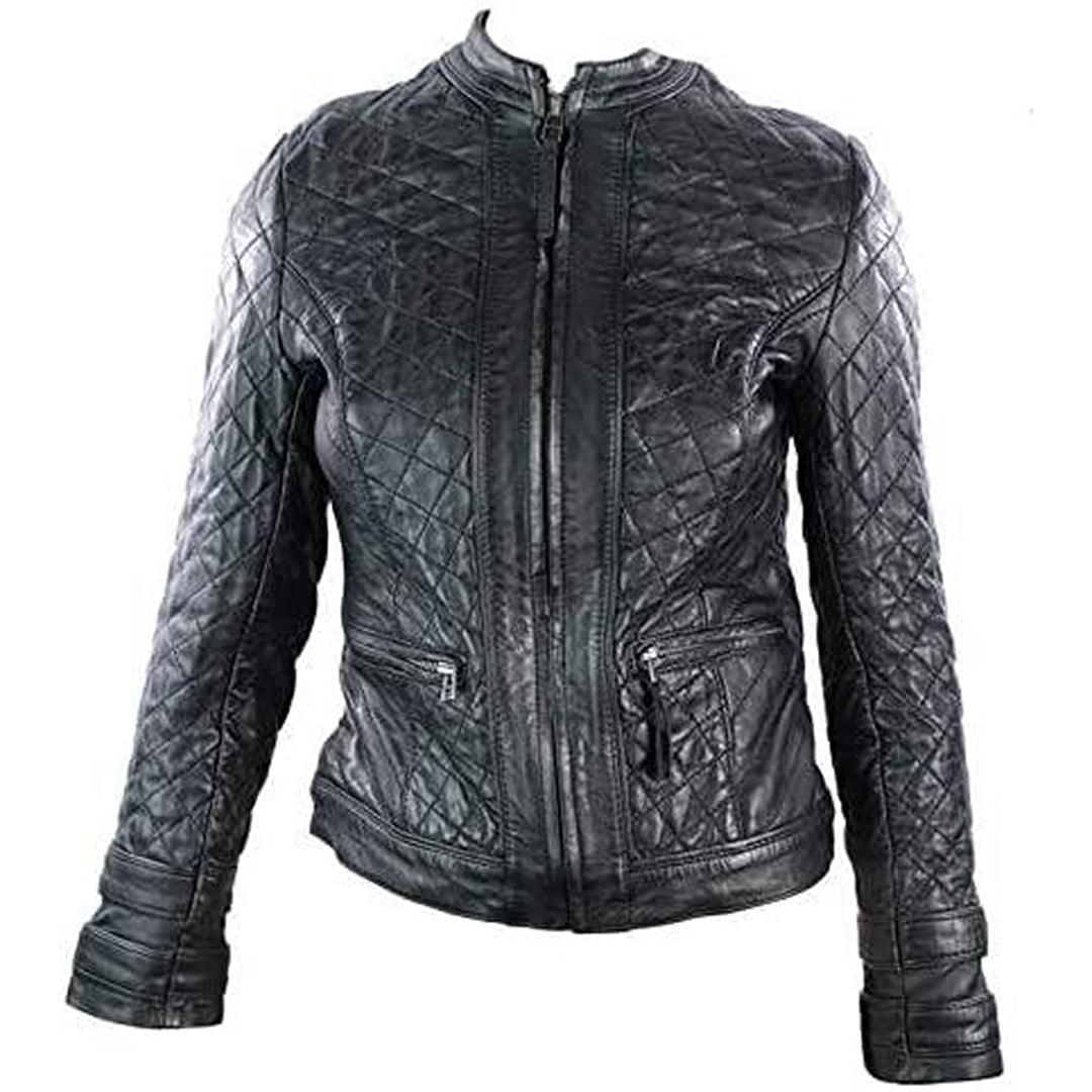 Ladies Real Leather Jacket Short Fitted Barber Style Black Retro Chinese Collar - Knighthood Store