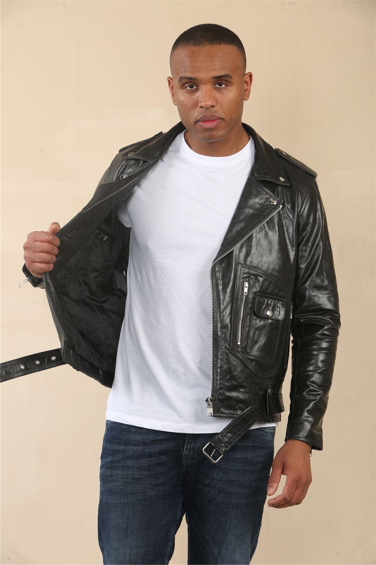 Men's Cow Hide Biker Brando Cross Zip Leather Jacket