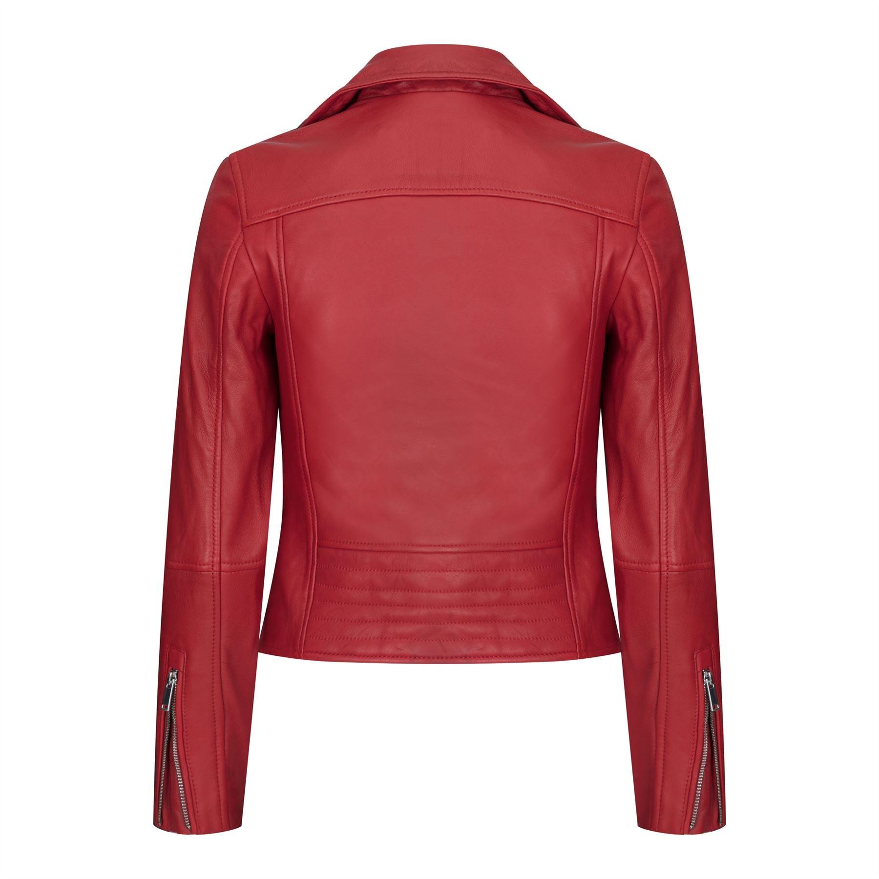 Womens Cross Zip Biker Real Leather Jacket Brando Red Black Retro Classic Motorcycle - Knighthood Store