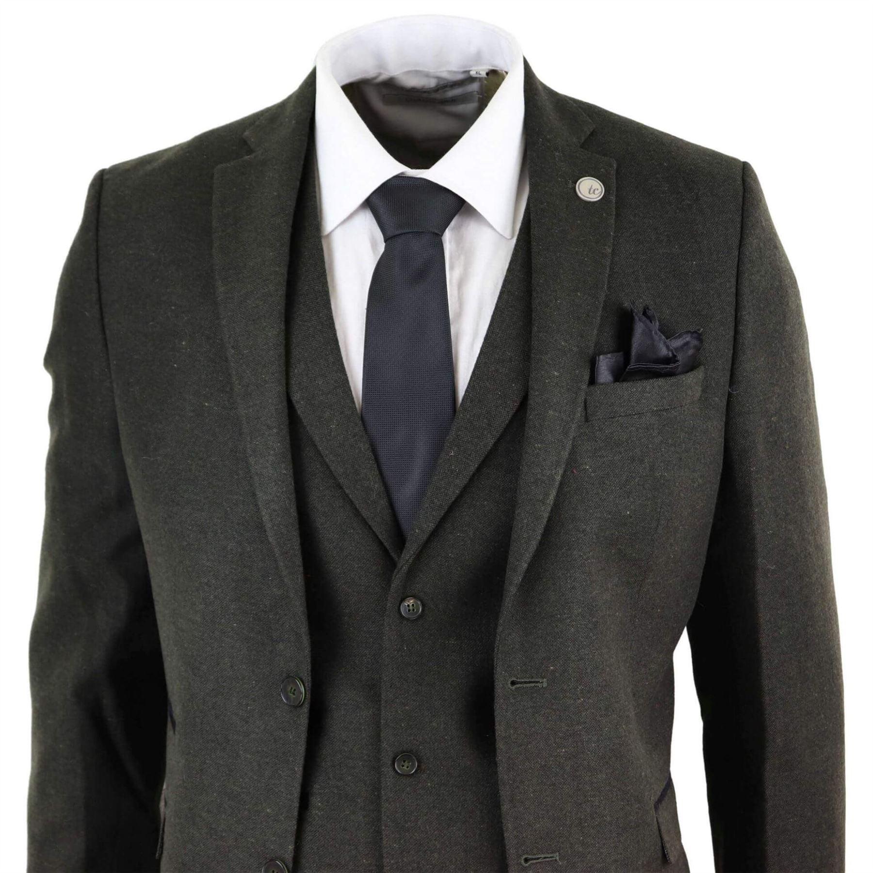 Mens Wool 3 Piece Suit Tweed Olive Green Black Tailored Fit Classic - Knighthood Store