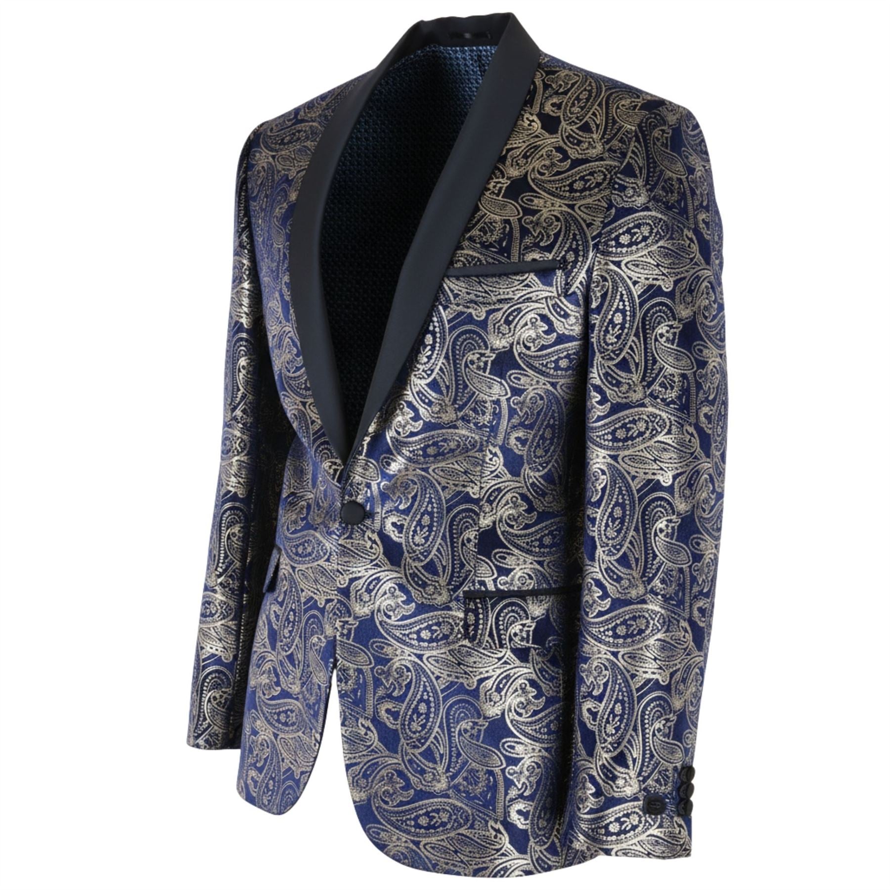 STZ63 - Mens Velvet Paisley Floral Blue Gold Tuxedo Blazer