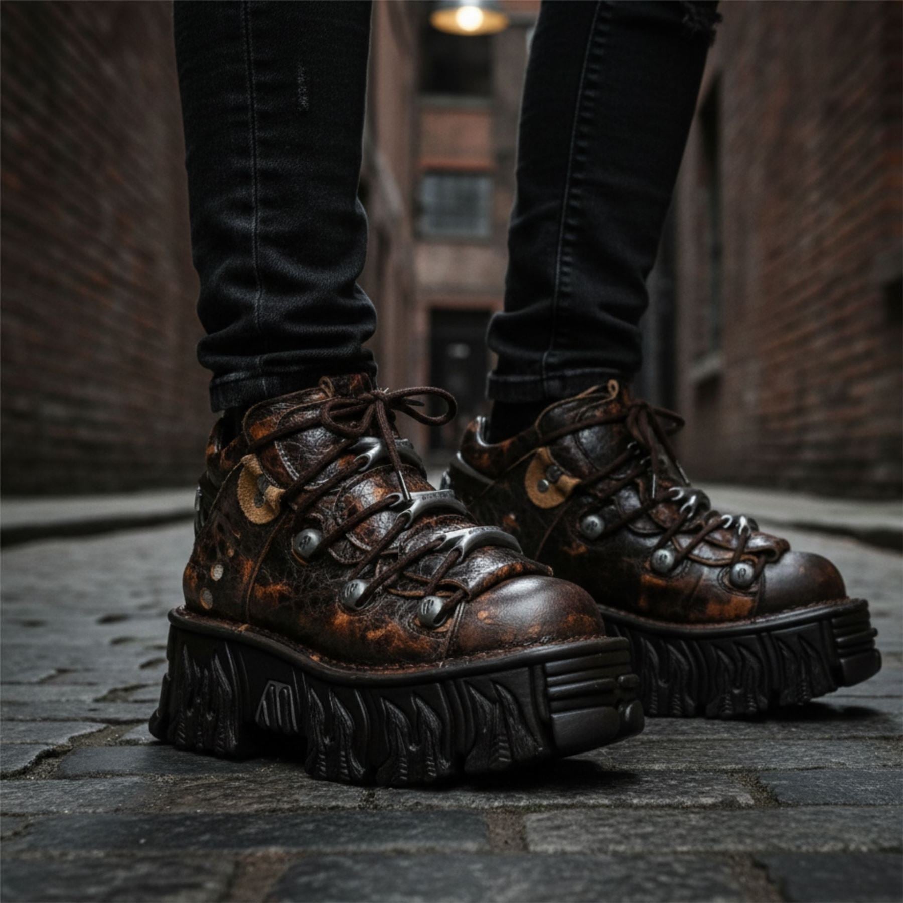 New Rock M-106-C194 Brown Flame Leather Ankle Platform Boots