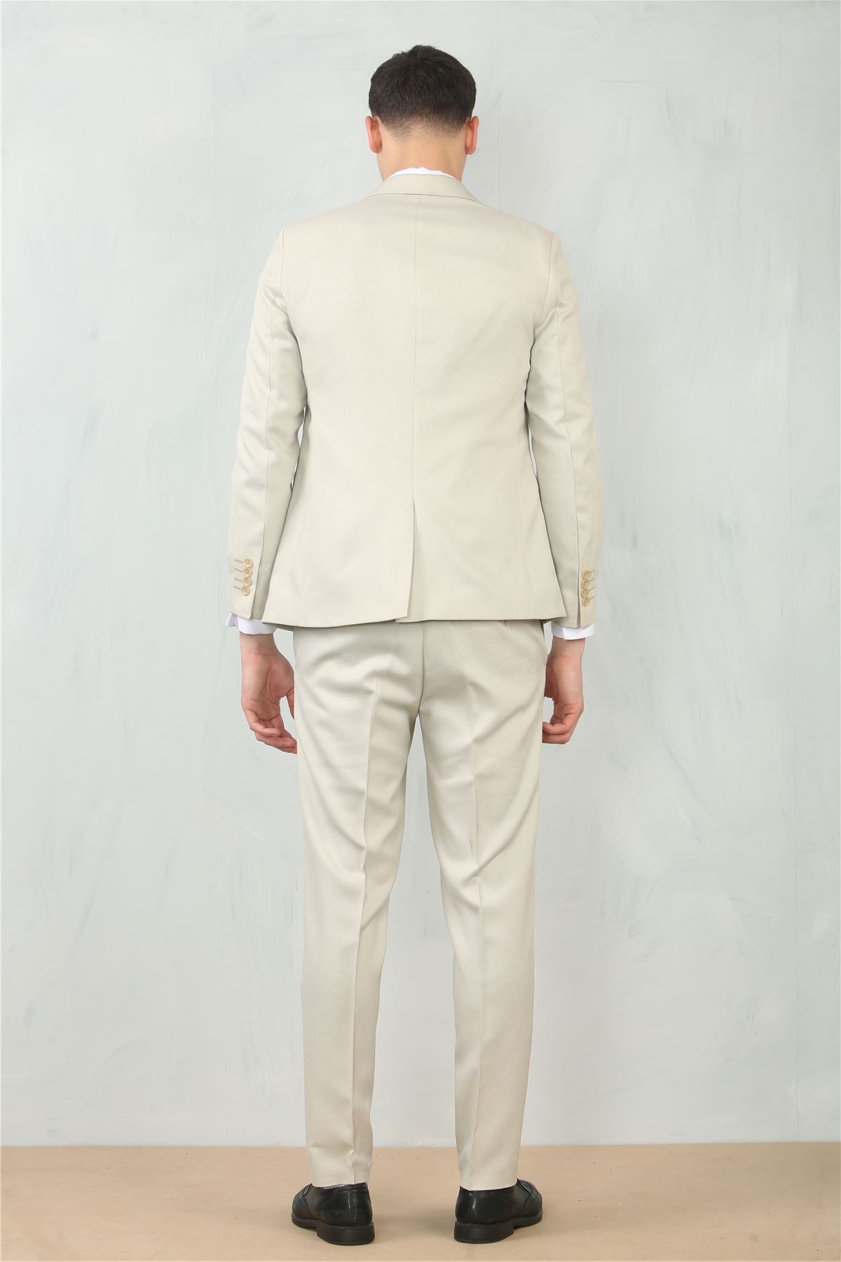 Men's 3 Piece Suit Cream Beige Tailored Fit Wedding Classic Prom Formal Textured