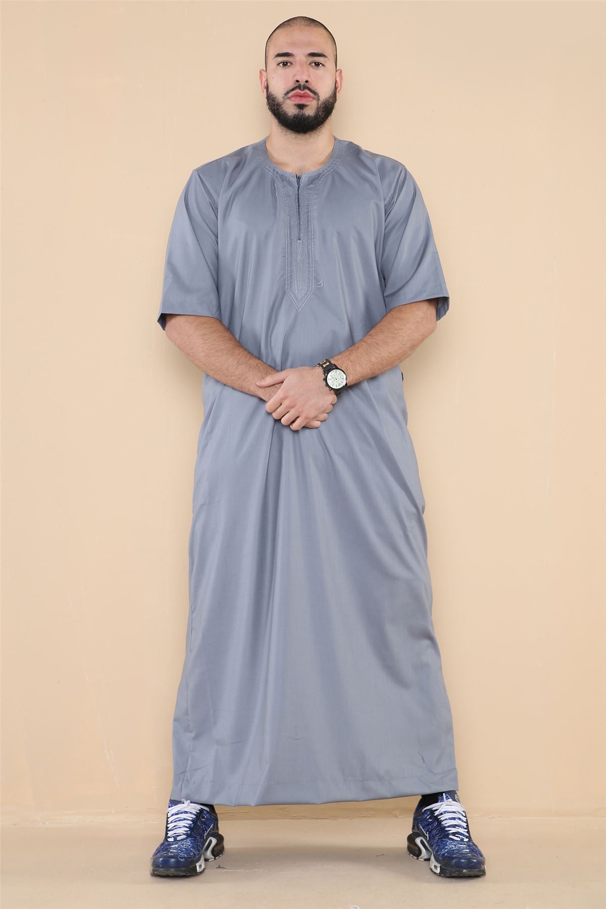 Mens Thobe Jubba Islamic Clothing Kaftan Half Sleeve Robe Moroccan Arab Zipped