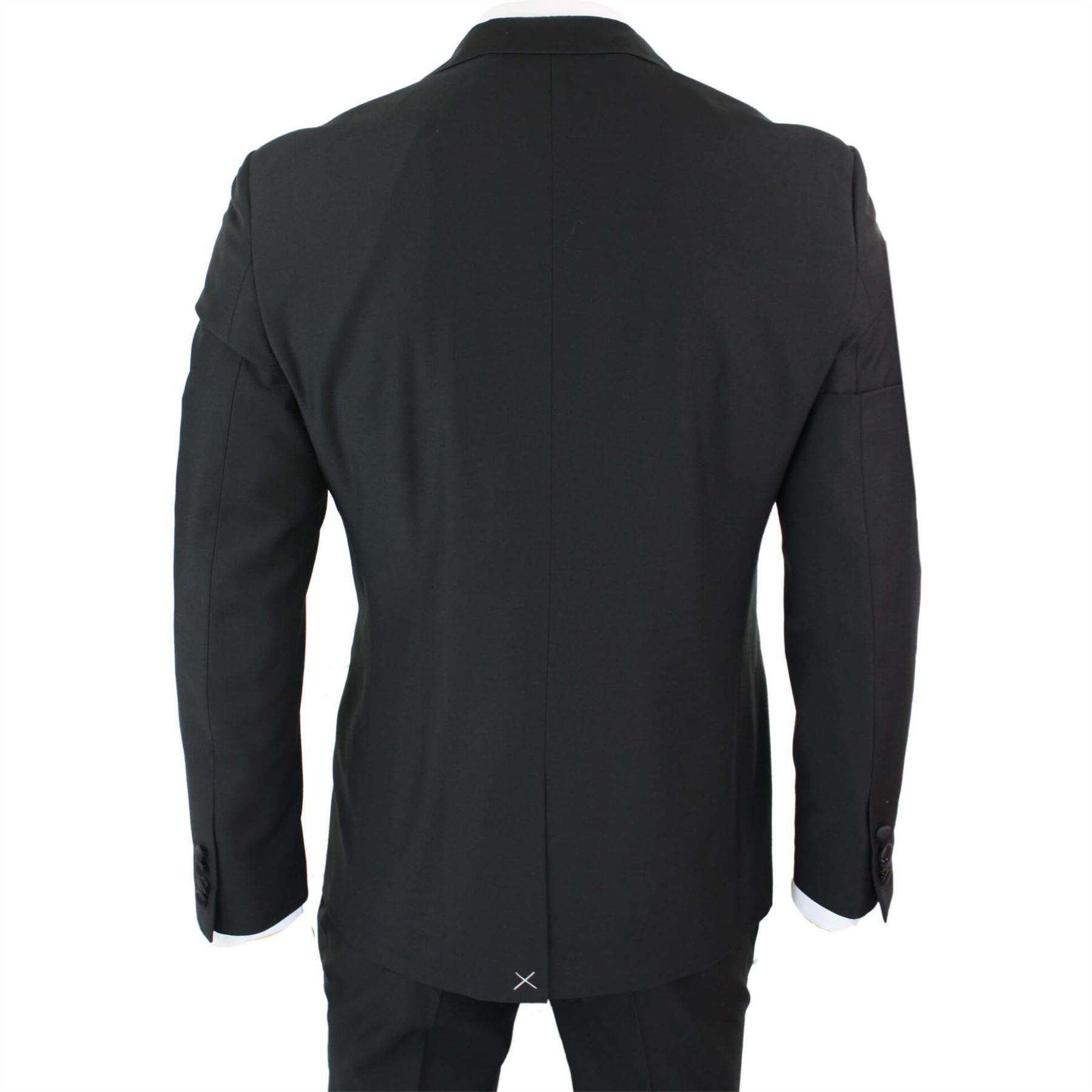 Mens 3 Piece Black Classic Satin Tuxedo Dinner Suit Tailored Fit Wedding Prom