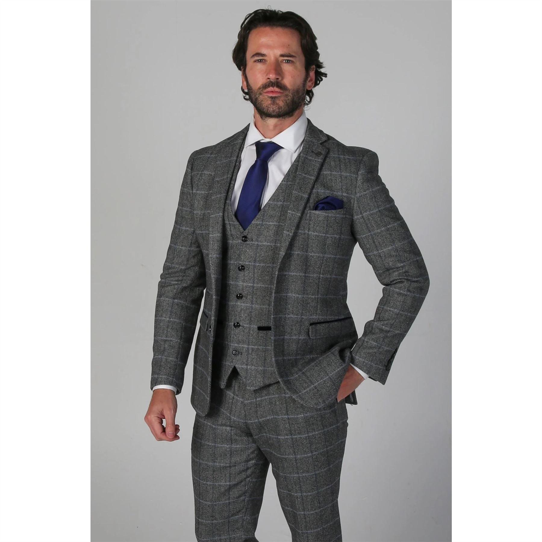 Men's Grey Suit Tweed Herringbone 3 Piece Wool Blend Formal Dress Suits - Knighthood Store