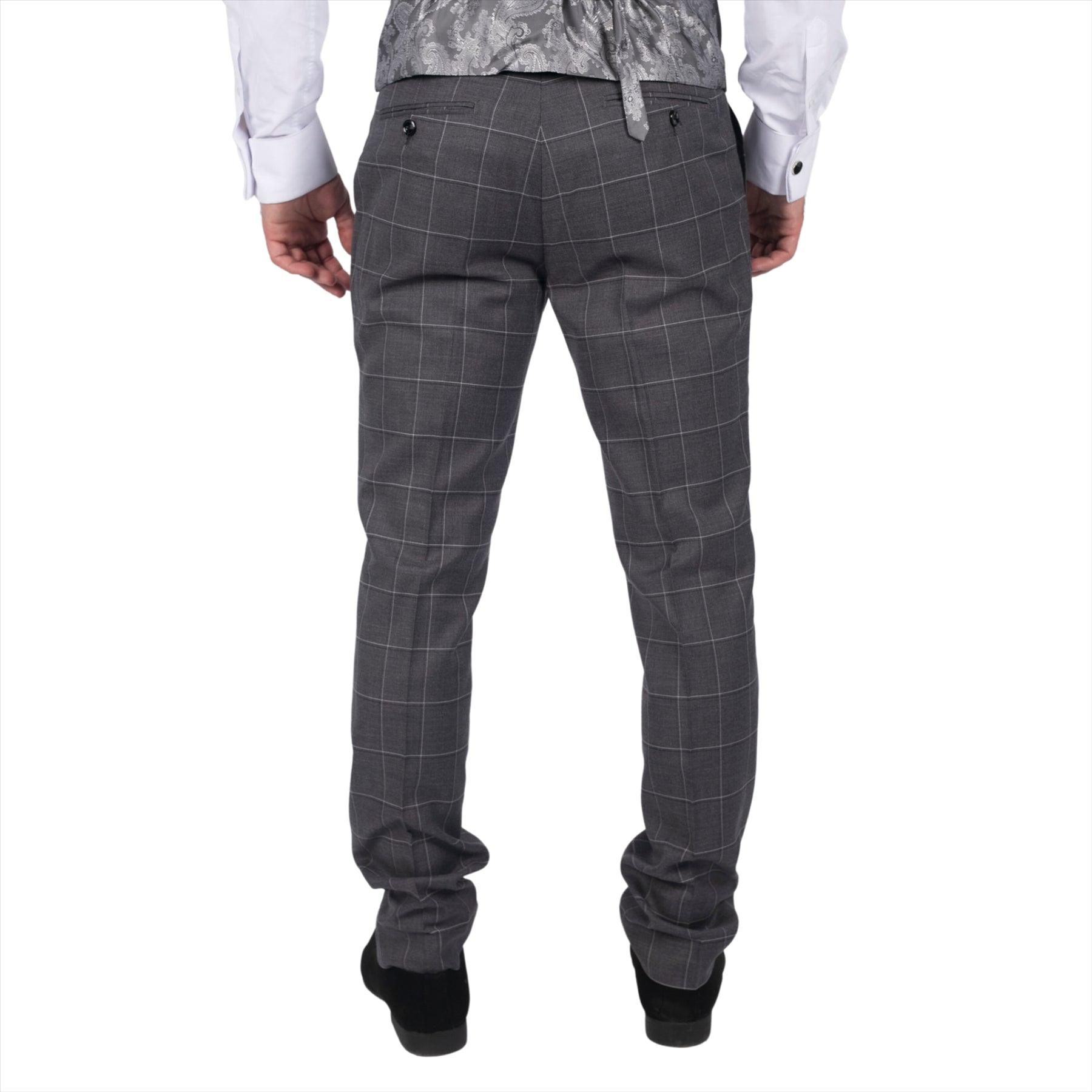 Mens Grey Check Trousers Vintage Retro Smart Wedding Classic Tailored Fit Light - Knighthood Store
