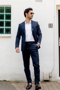 Mens 2 Piece Summer Linen Suit Navy Smart Casual Formal Business Wedding Slim Fit - Knighthood Store