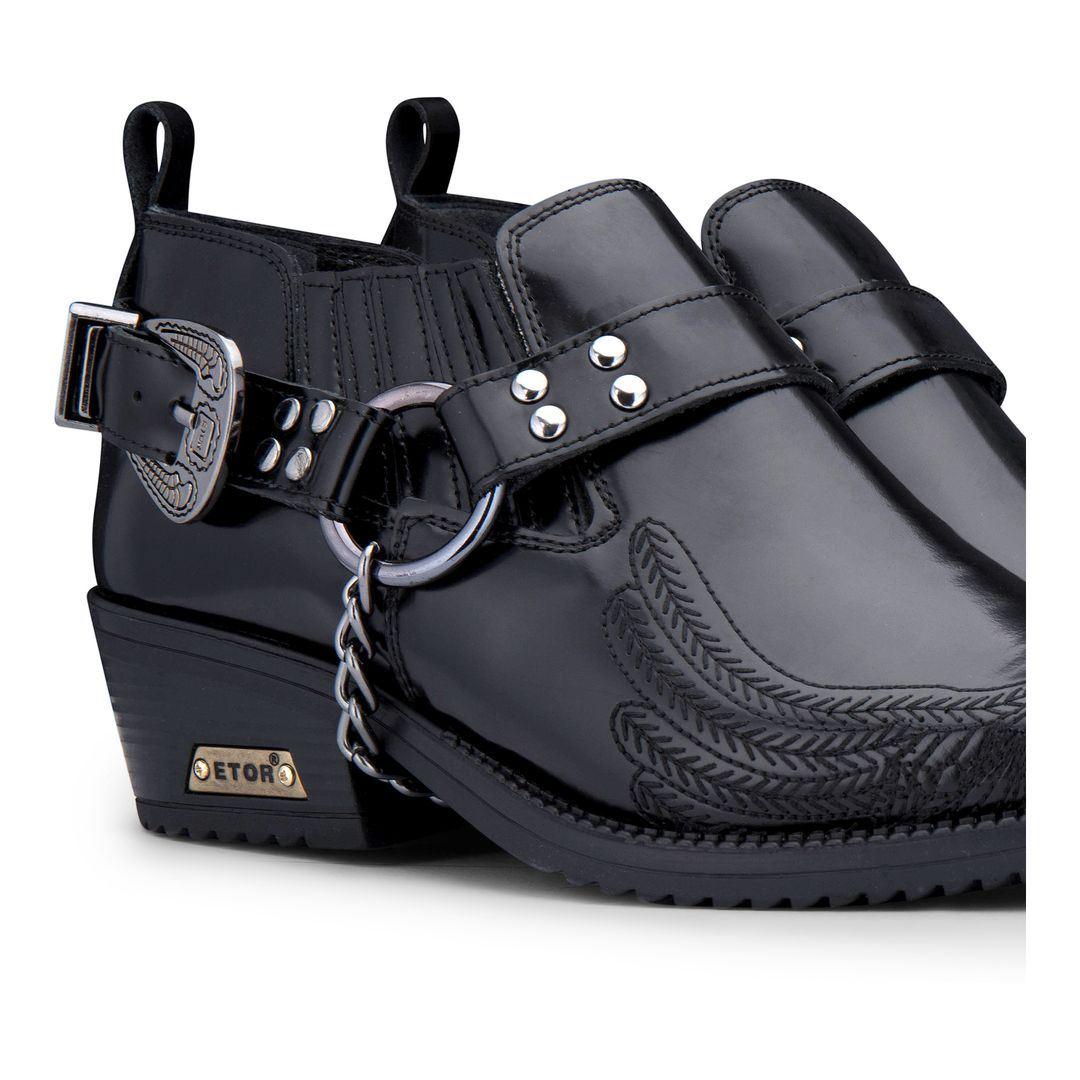 Mens Genuine Leather Western Shoes US Eagle Patent Shiny Wincklepickers Metal Chain Belt Cuban Heel Dancing Cowboy - Knighthood Store