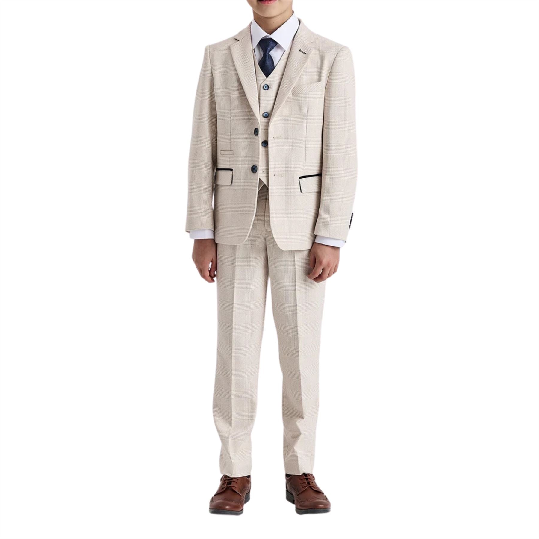 Regent - Boys Cream 3 Piece Prince Of Wales Checked Suit
