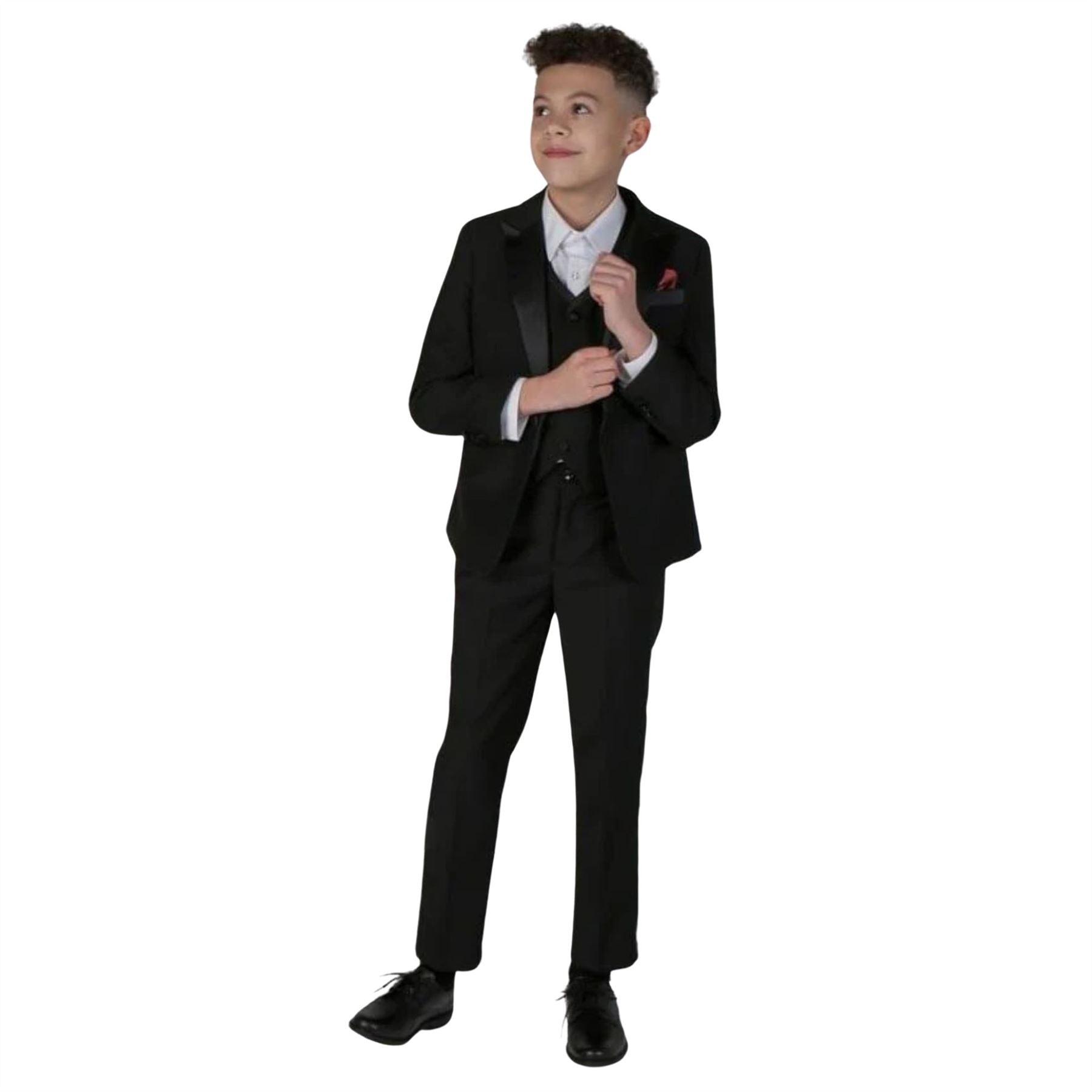 Boys 3 Piece Black Classic Satin Tuxedo Dinner Suit Wedding - Knighthood Store