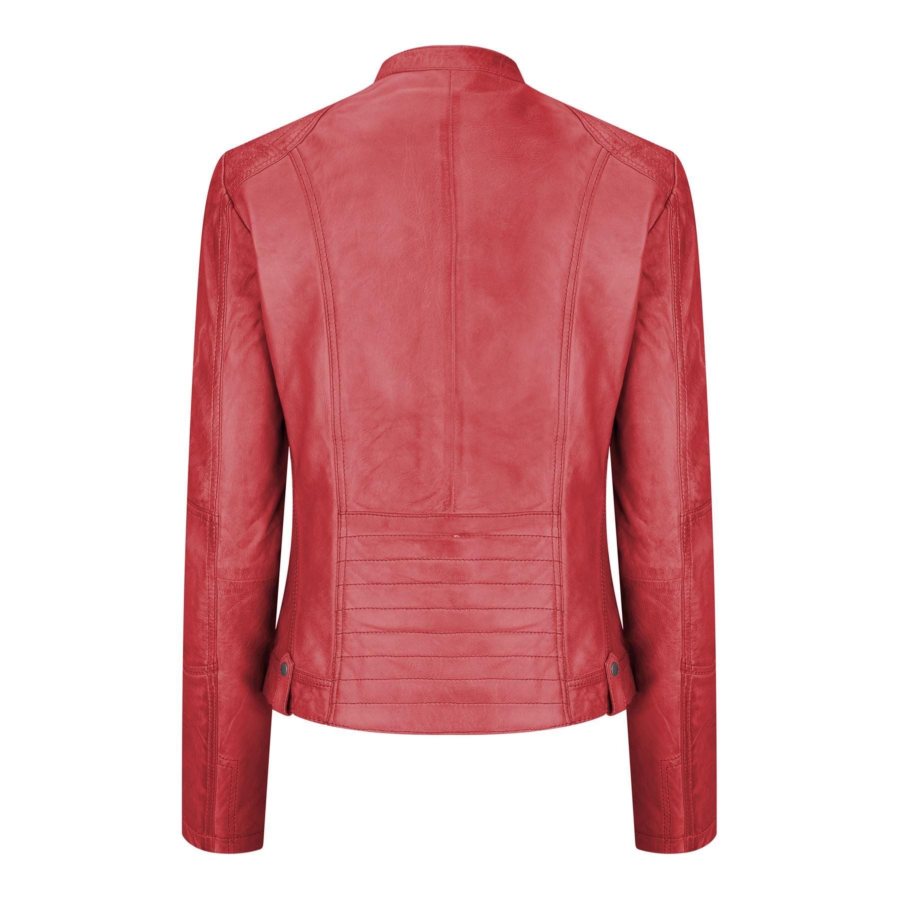 Ladies Real Leather Jacket Short Fitted Burgundy Retro Chinese Collar - Knighthood Store