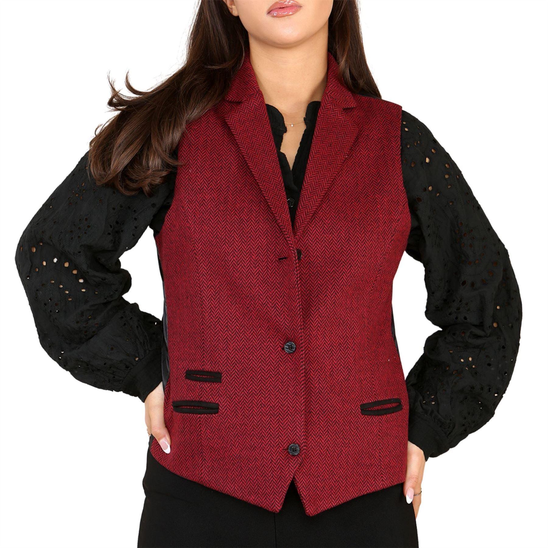 Womens Tweed Herringbone Waistcoat Blazer Jacket Wine Red Classic Vintage 1920s - Knighthood Store