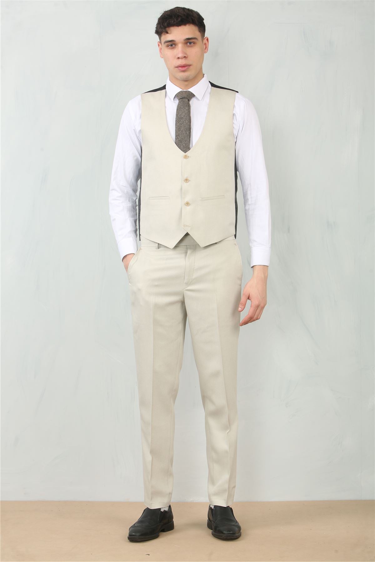 Men's 3 Piece Suit Cream Beige Tailored Fit Wedding Classic Prom Formal Textured