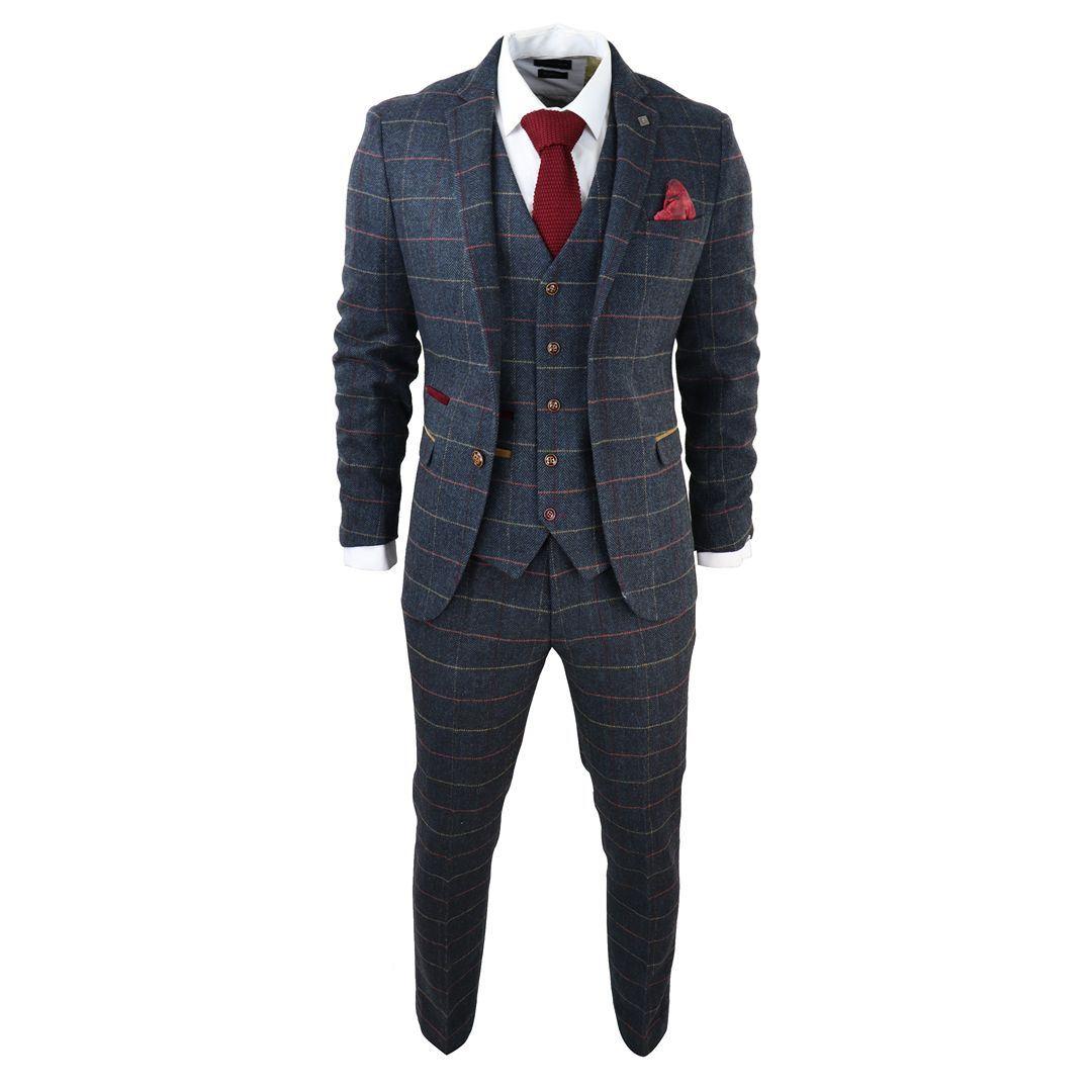 Mens Navy Blue 3 Piece Suit Herringbone Tweed Checked Formal Dress Suits - Knighthood Store