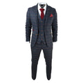 Mens Navy Blue 3 Piece Suit Herringbone Tweed Checked Formal Dress Suits - Knighthood Store