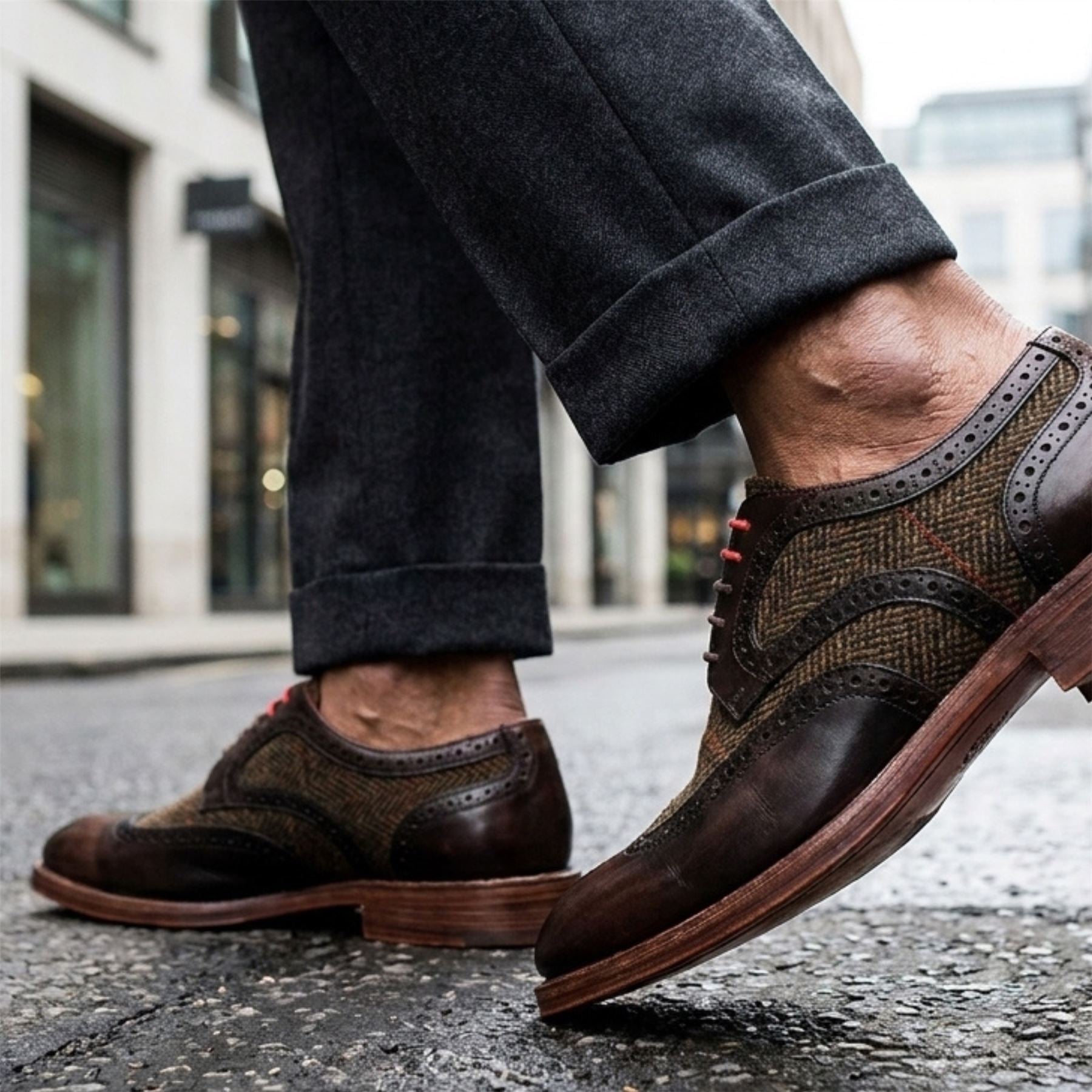 Arlo - Men's Brown Leather Tweed Brogue Shoes