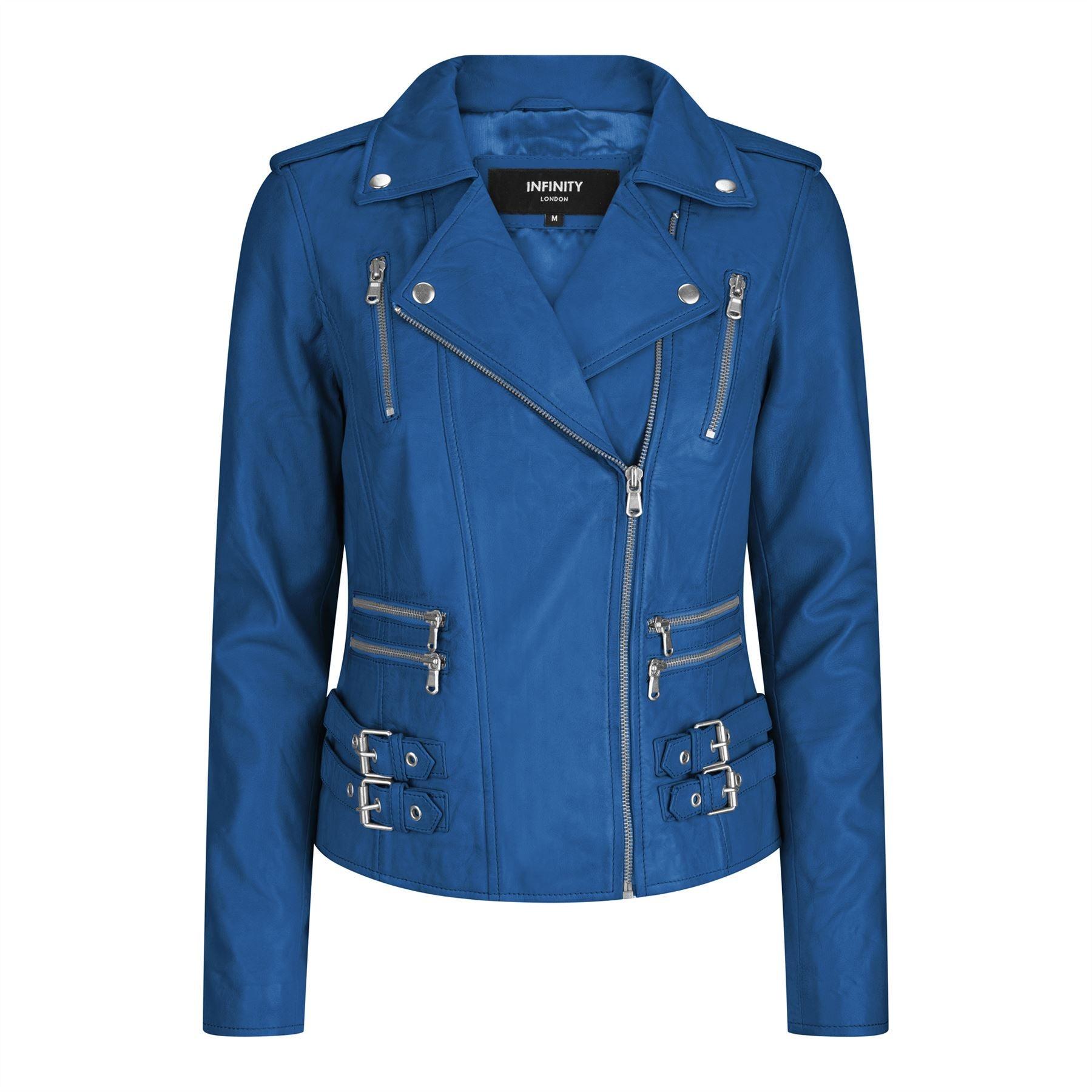 Womens Ladies Girls Soft Blue Real Leather Racing Biker Style Jacket - Knighthood Store