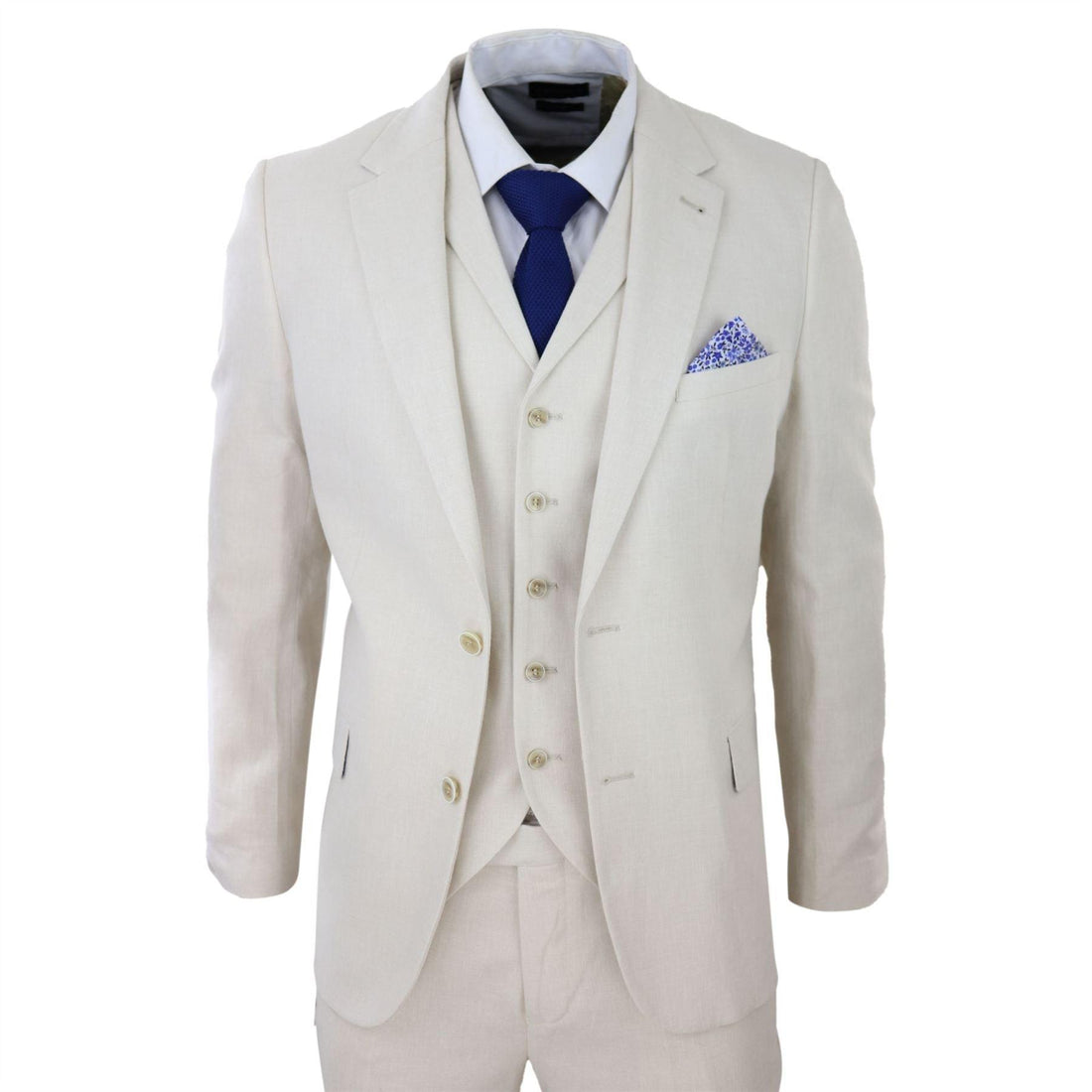 Mens 3 Piece Linen Suit Summer Breathable Wedding Cotton Cream Beige - Knighthood Store