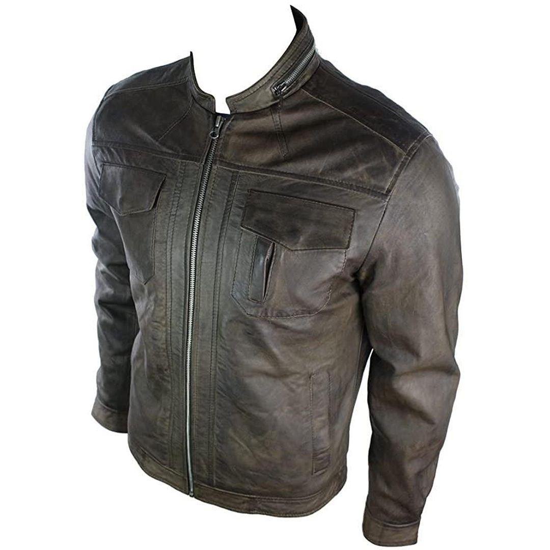 Mens Short Zipped Casual Wine Burgundy Real Leather Retro Biker Jacket Washed Vintage - Knighthood Store