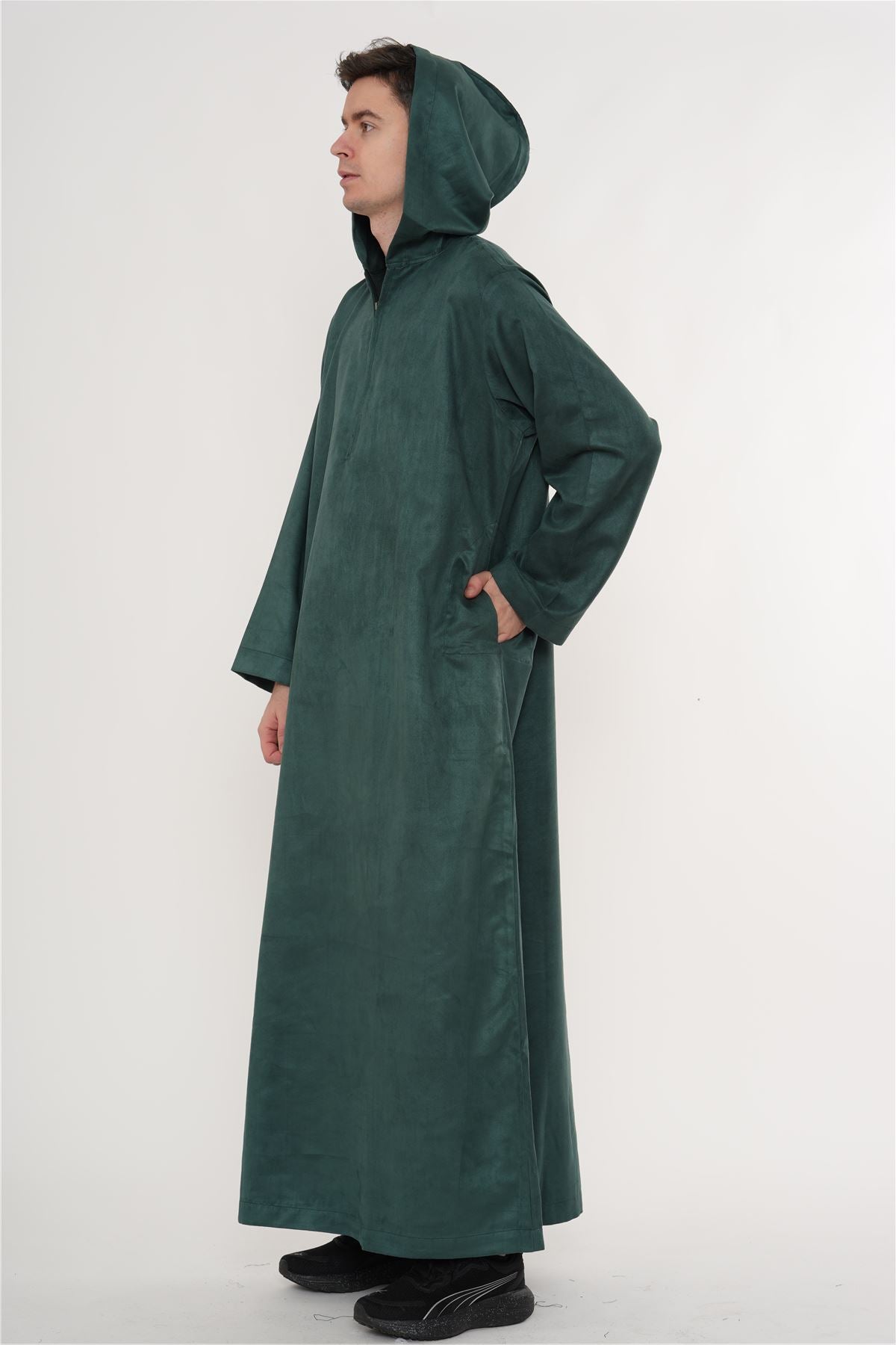 HM12 - Men's Hooded Suede Thobe Emirati Omani Zipped Thobe