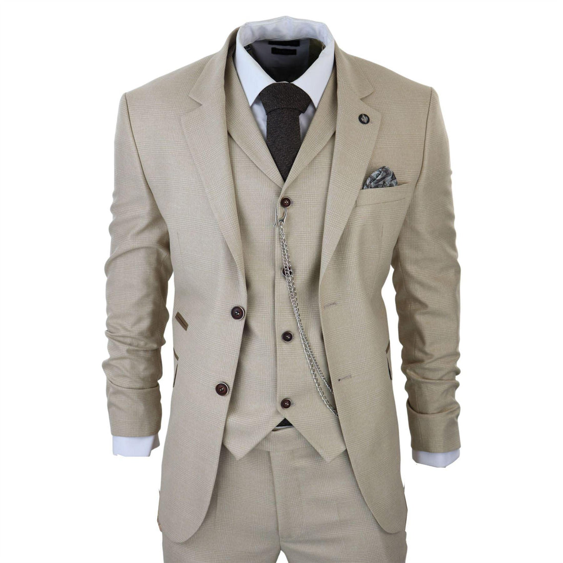 Mens 3 Piece Suit Prince Of Wales Check Cream Beige Tailored Fit Vintage Wedding - Knighthood Store