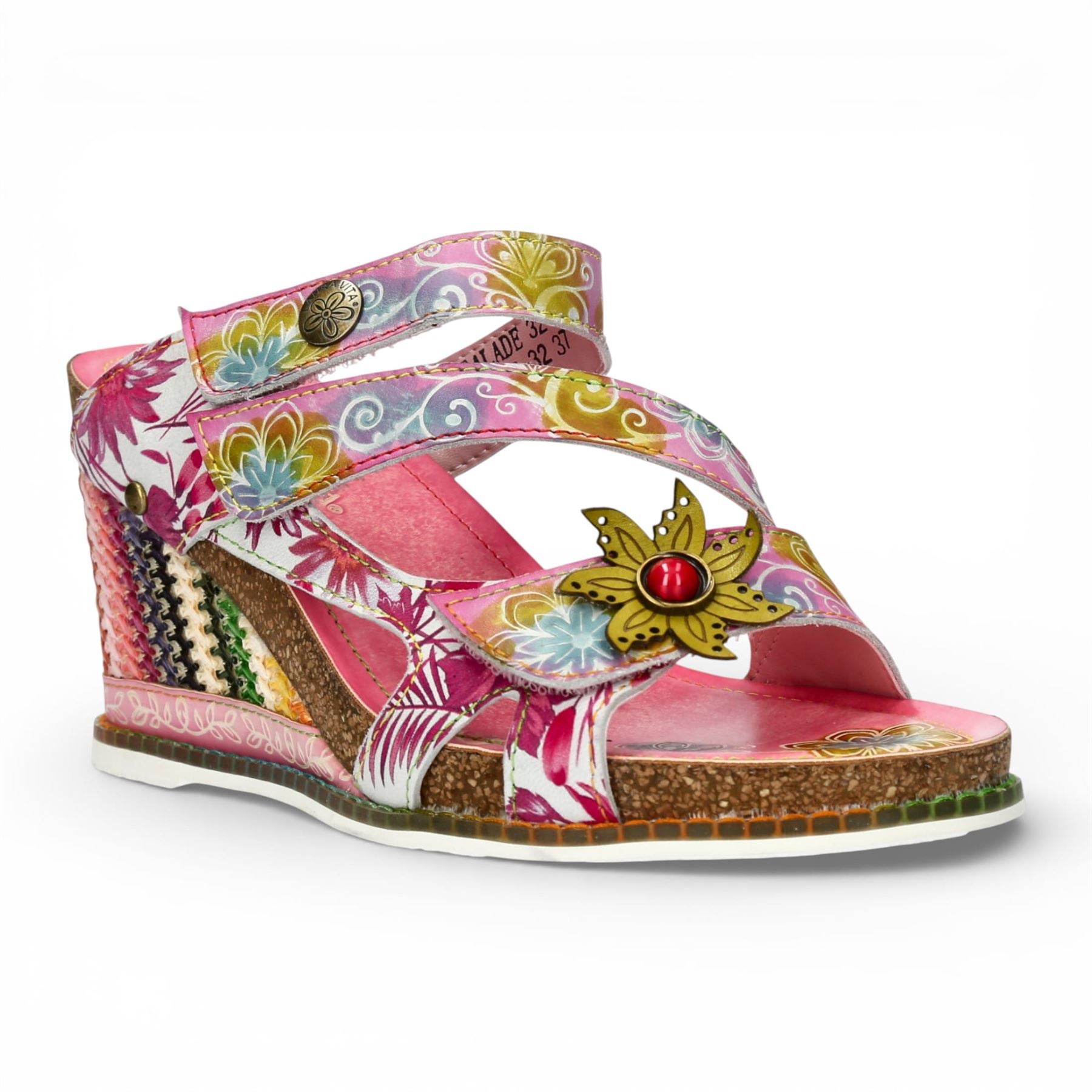 Balade 32 - Women's Rose Pink Floral Leather Wedge Sandals