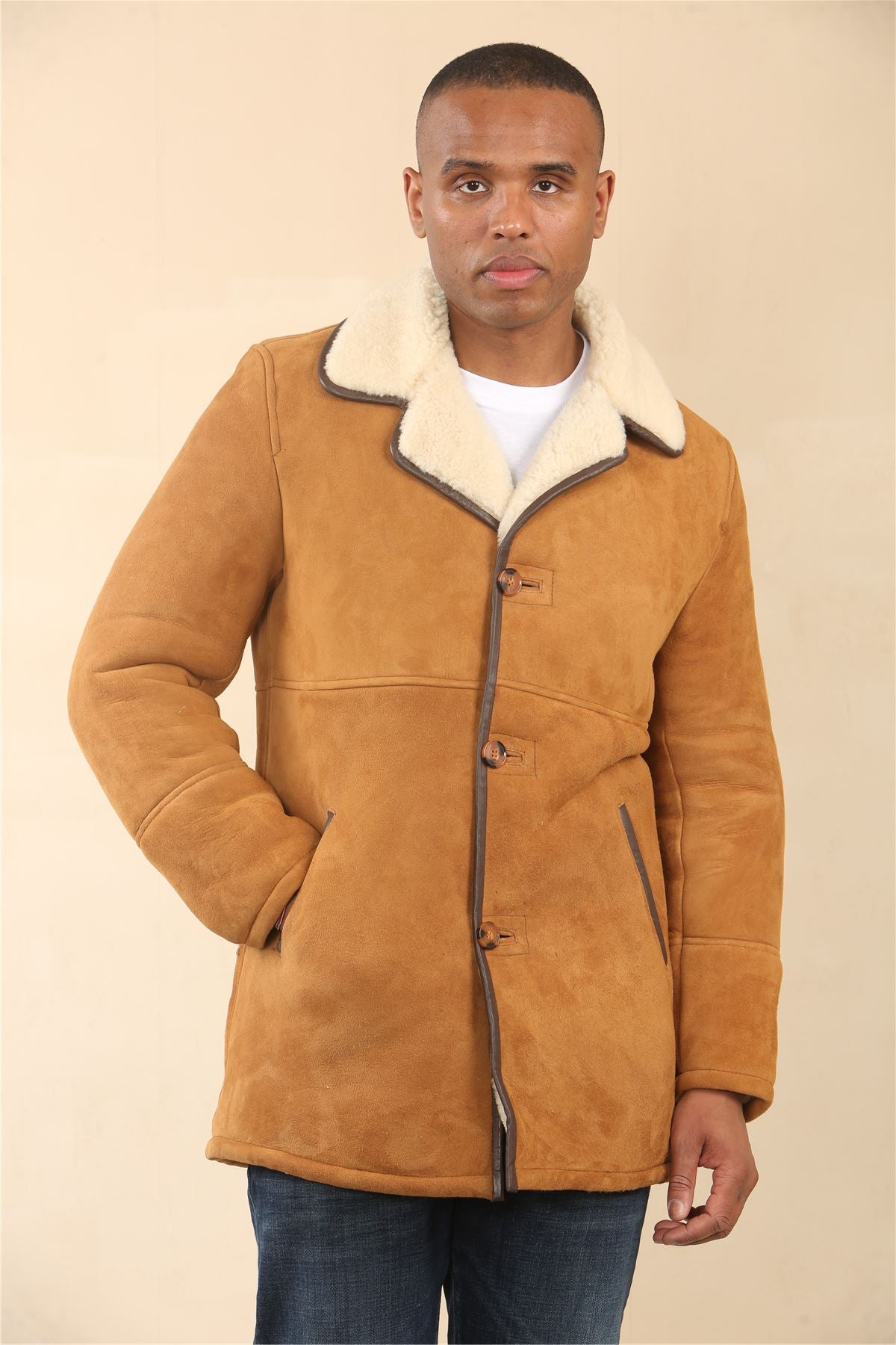 Men's Tan Shearling Sheepskin Car Coat
