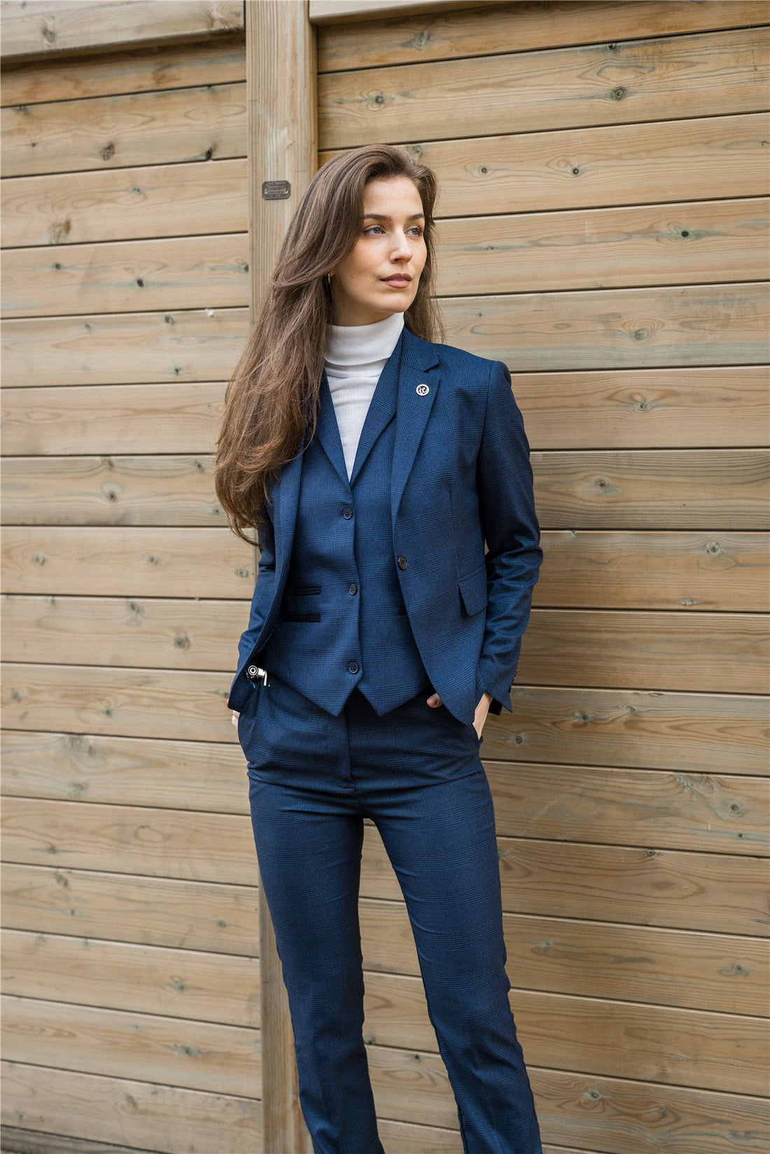 Women's Suit 3 Piece Navy Blue Prince Of Wales Check Tailored Fit Business Formal Ladies Dress