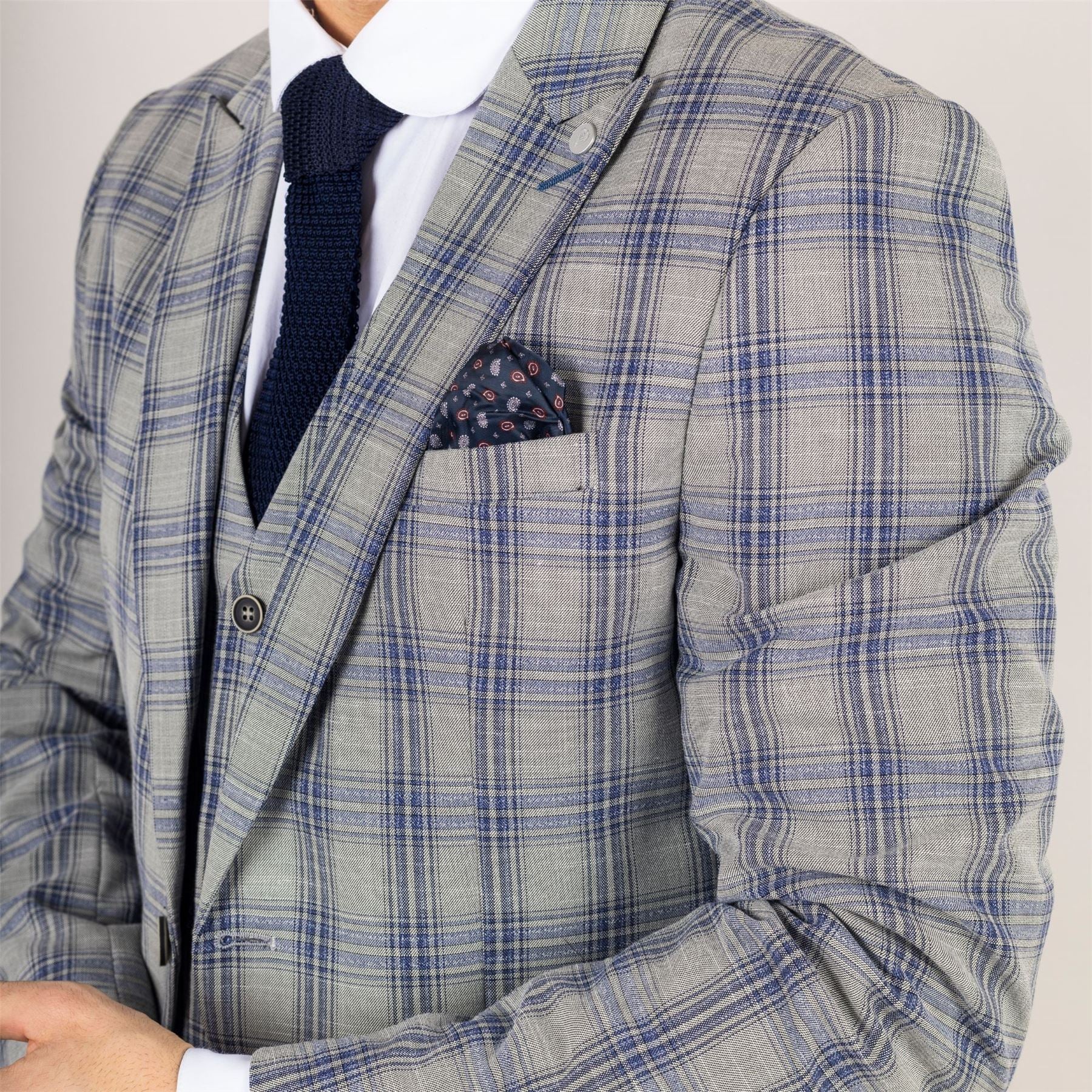 Men's Suit 3 Piece Grey Blue Checked Classic Plaid Tailored Fit Formal Dress