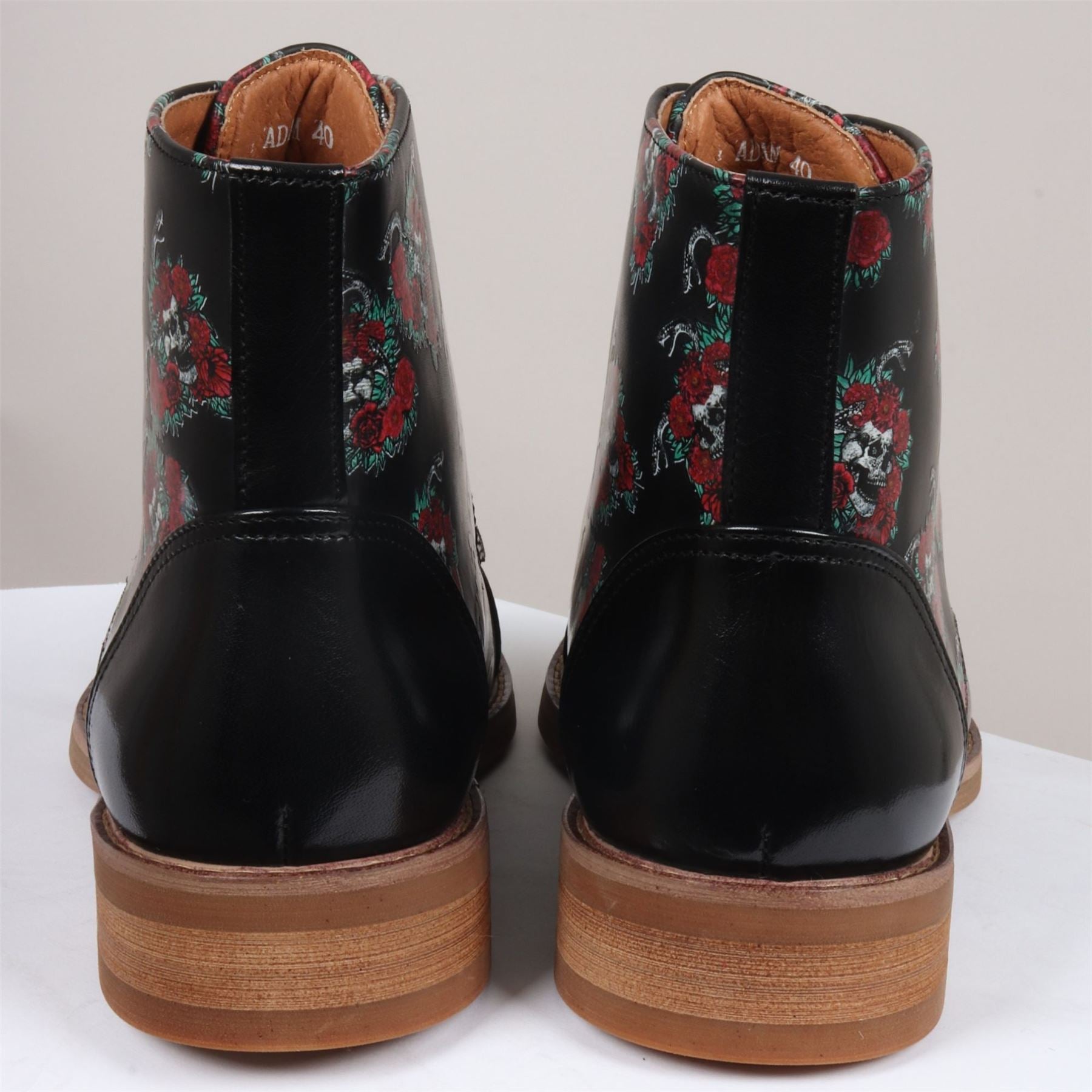 Men's Boot Black Oxford Floral Skull Print Lace Up Leather Dress Ankle Boots