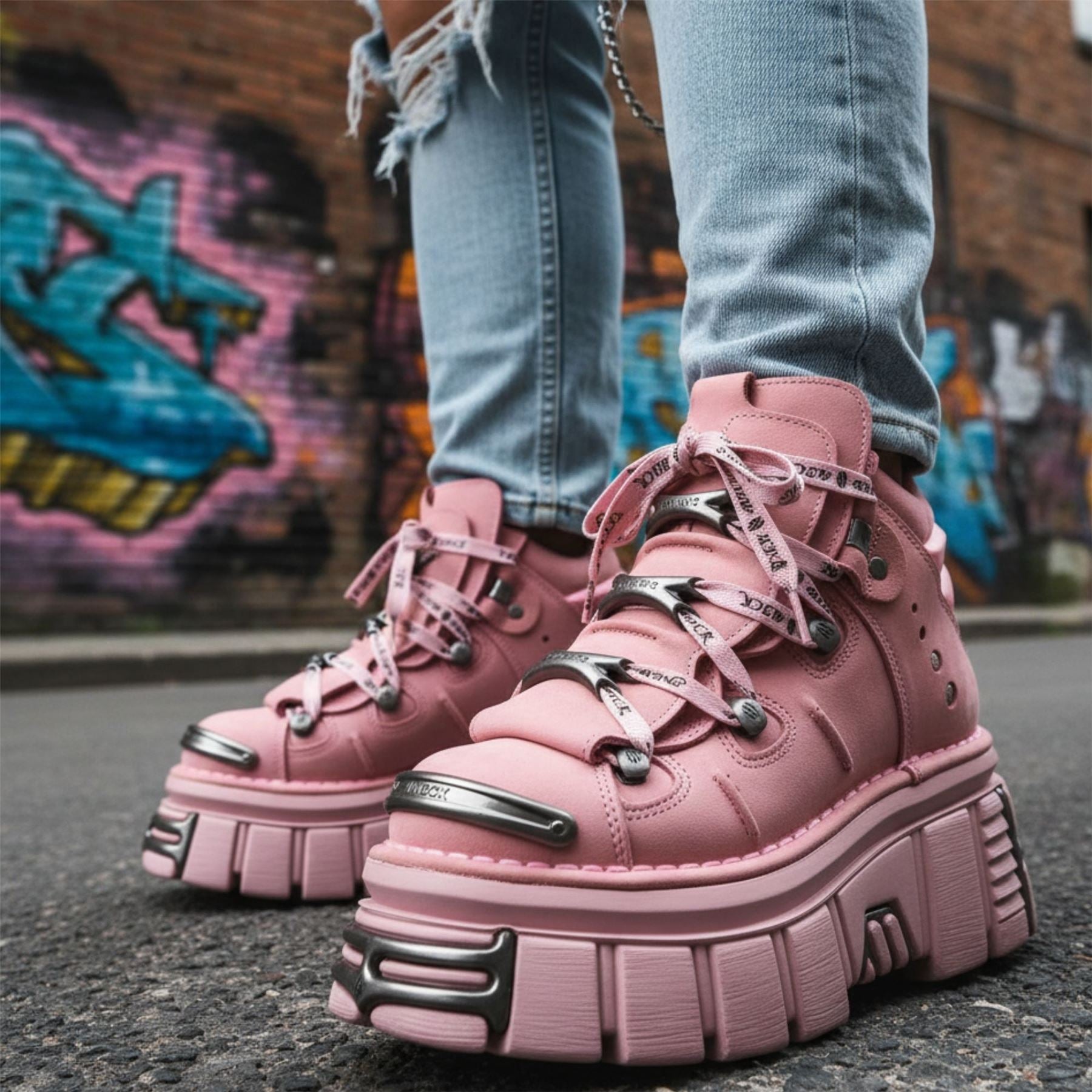 New Rock M-106-C158 Pink Platform Gothic Punk Ankle Boots