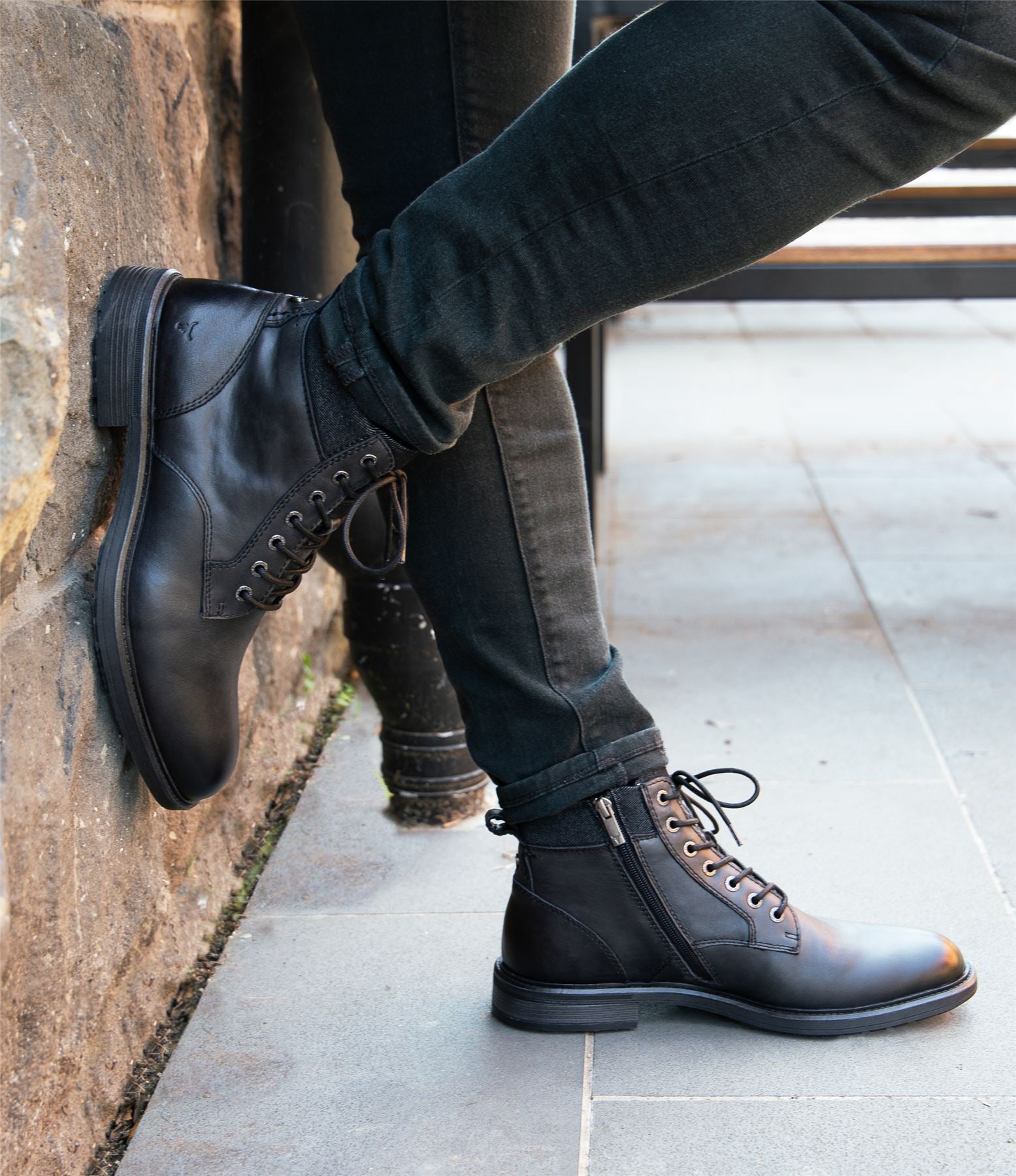 Beau - Men's Black Lace Up Side Zip Leather Chelsea Boots