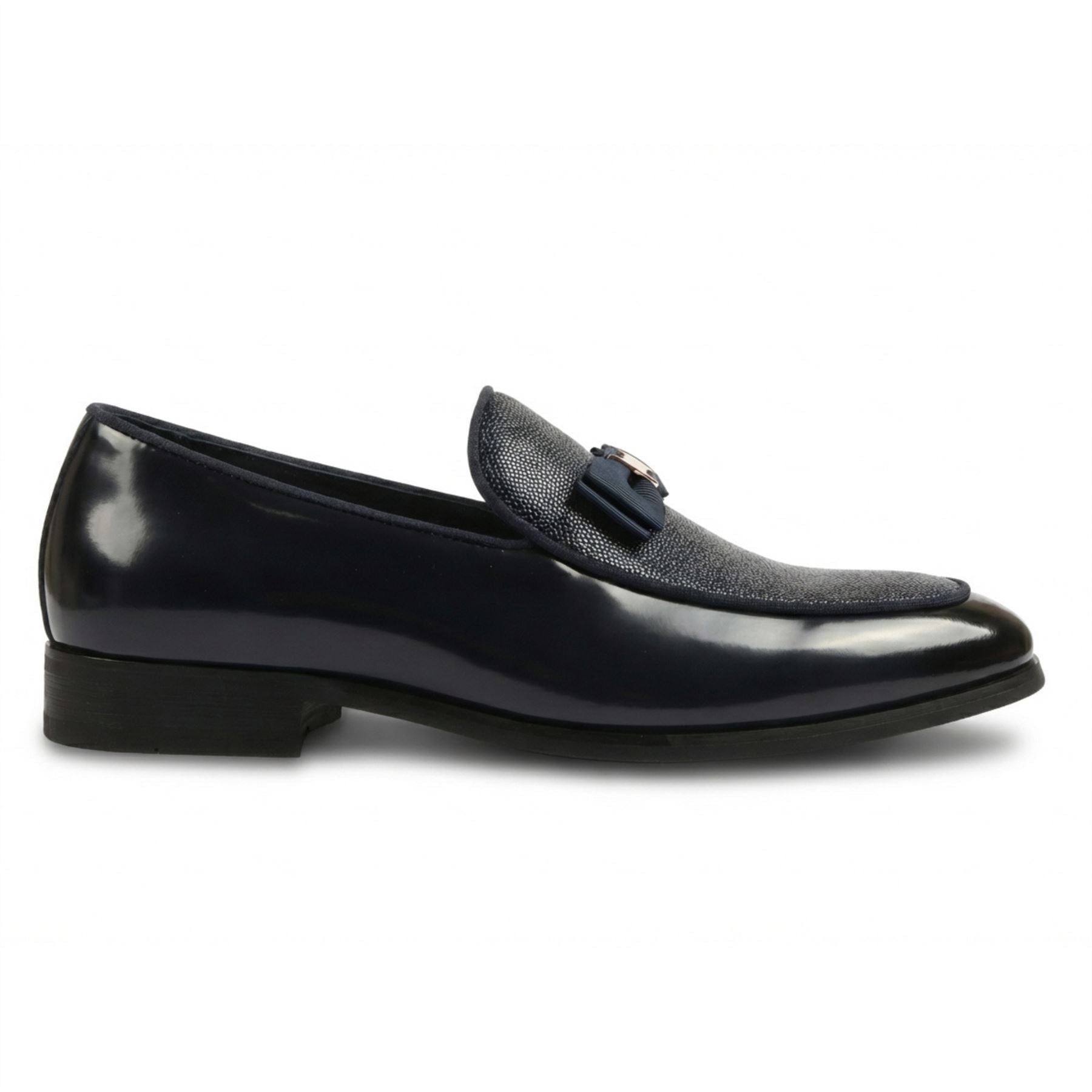 Men’s Formal Dress Loafers Patent PU Leather Textured Front Iconic Buckle Bow Modern Slip-On Shoes